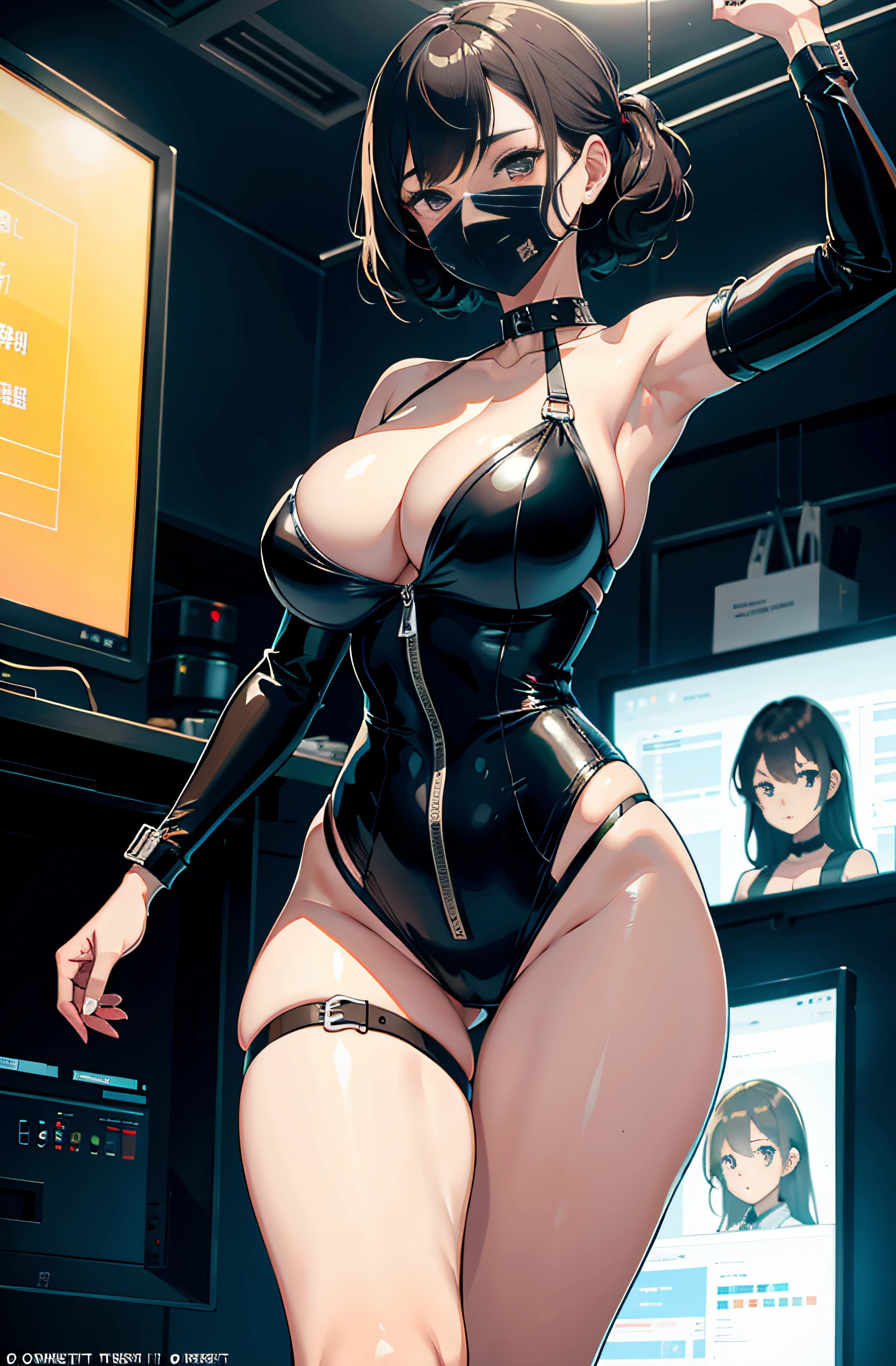 (opening legs)、ultra detailed 8k cg、BDSM、huge-breasted、Perfect female body、ballgag、big breasts thin waist,lean legs,((State-of-the-art laboratory))、((Tightened))、(Plus code model)、Asian、Clear focus、Very detailed face and skin texture,((breast press)),(The experiment is playing on the screen)