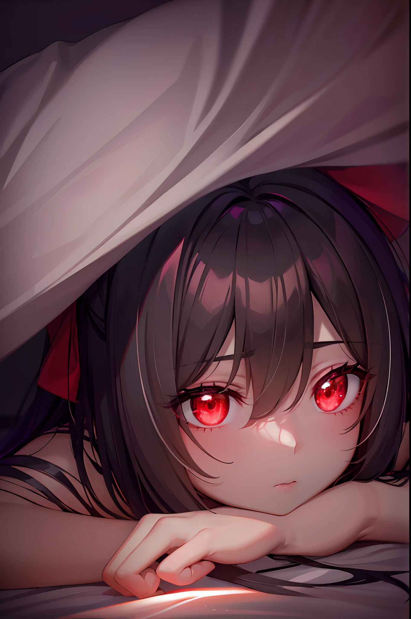A dark silhouette of a girl on you while your in bed in the dark under the covers, ((POV)), ((bright red glowing eyes))