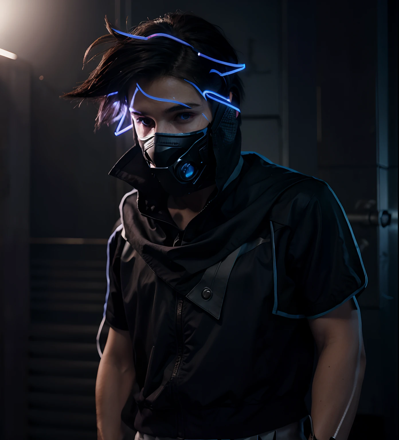 Change backgrounds, cyberpunk, ultra realistic, boy with mask, 4k