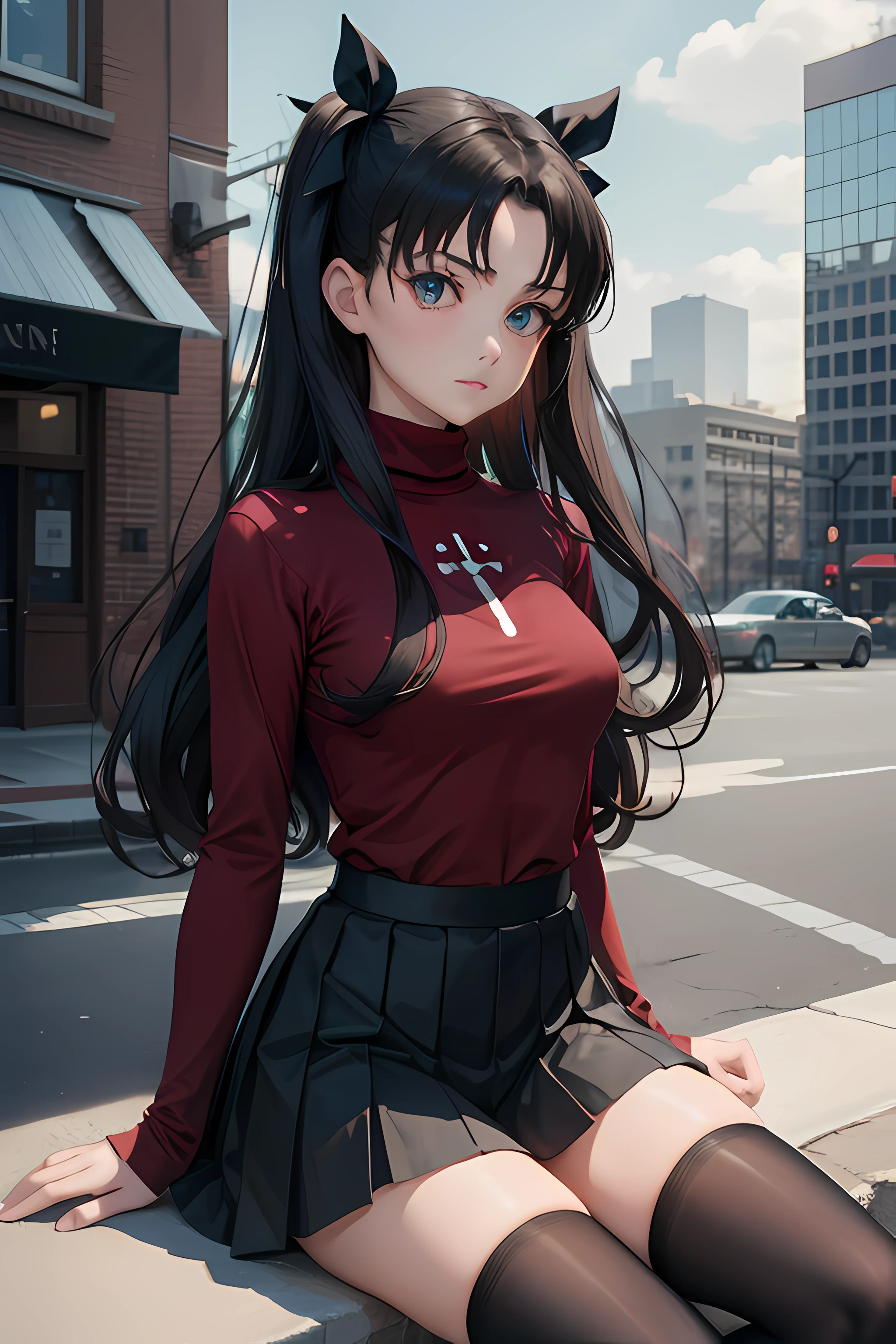 (masterpiece), best quality, expressive eyes, perfect face, 1girl, solo, rintohsaka, rin tohsaka, aqua eyes, black hair, hair ribbon, long hair, ribbon, sidelocks, two side up, black skirt, black thighhighs, long sleeves, miniskirt, pleated skirt, ((red sweater)), skirt, sweater, thighhighs, turtleneck, city background, sitting, character sheet, upper body, portrait, looking at viewer