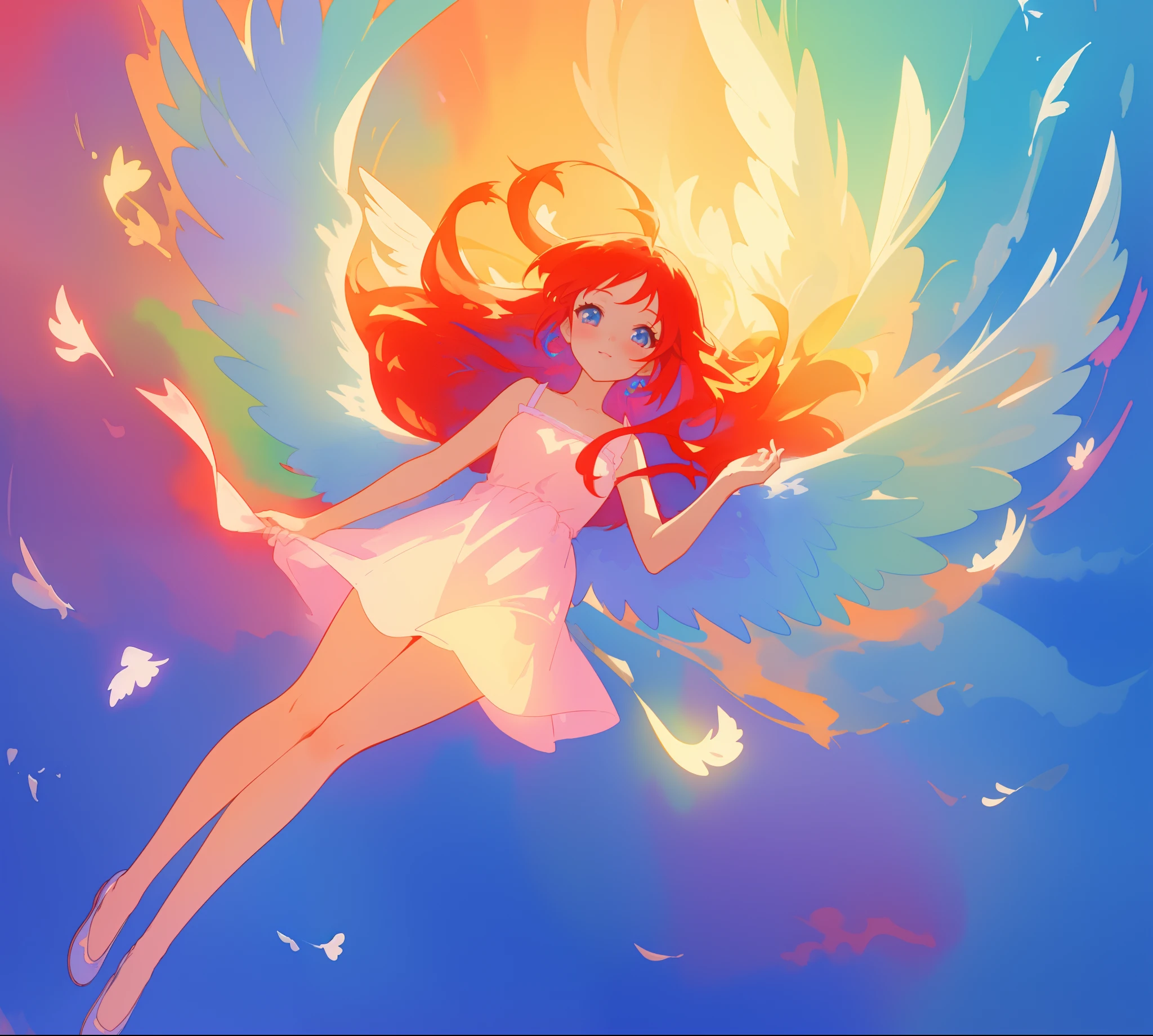 beautiful angel girl in white flowing dress, ((colorful angel wings)), vibrant pastel colors, long flowing red hair, colorful fantasia background, watercolor illustration, disney art style, beautiful digital illustration, beautiful, masterpiece, best quality, anime disney style, beautiful face