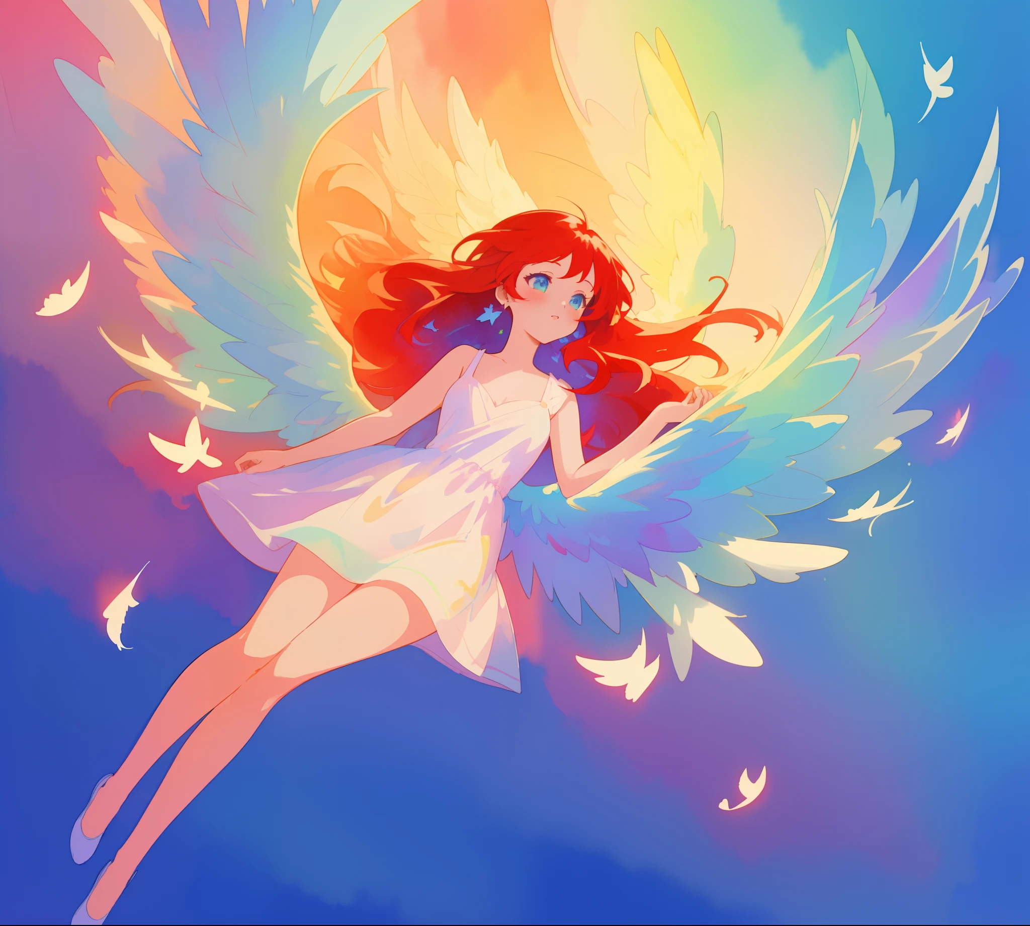 beautiful angel girl in white flowing dress, ((colorful angel wings)), vibrant pastel colors, long flowing red hair, colorful fantasia background, watercolor illustration, disney art style, beautiful digital illustration, beautiful, masterpiece, best quality, anime disney style, beautiful face