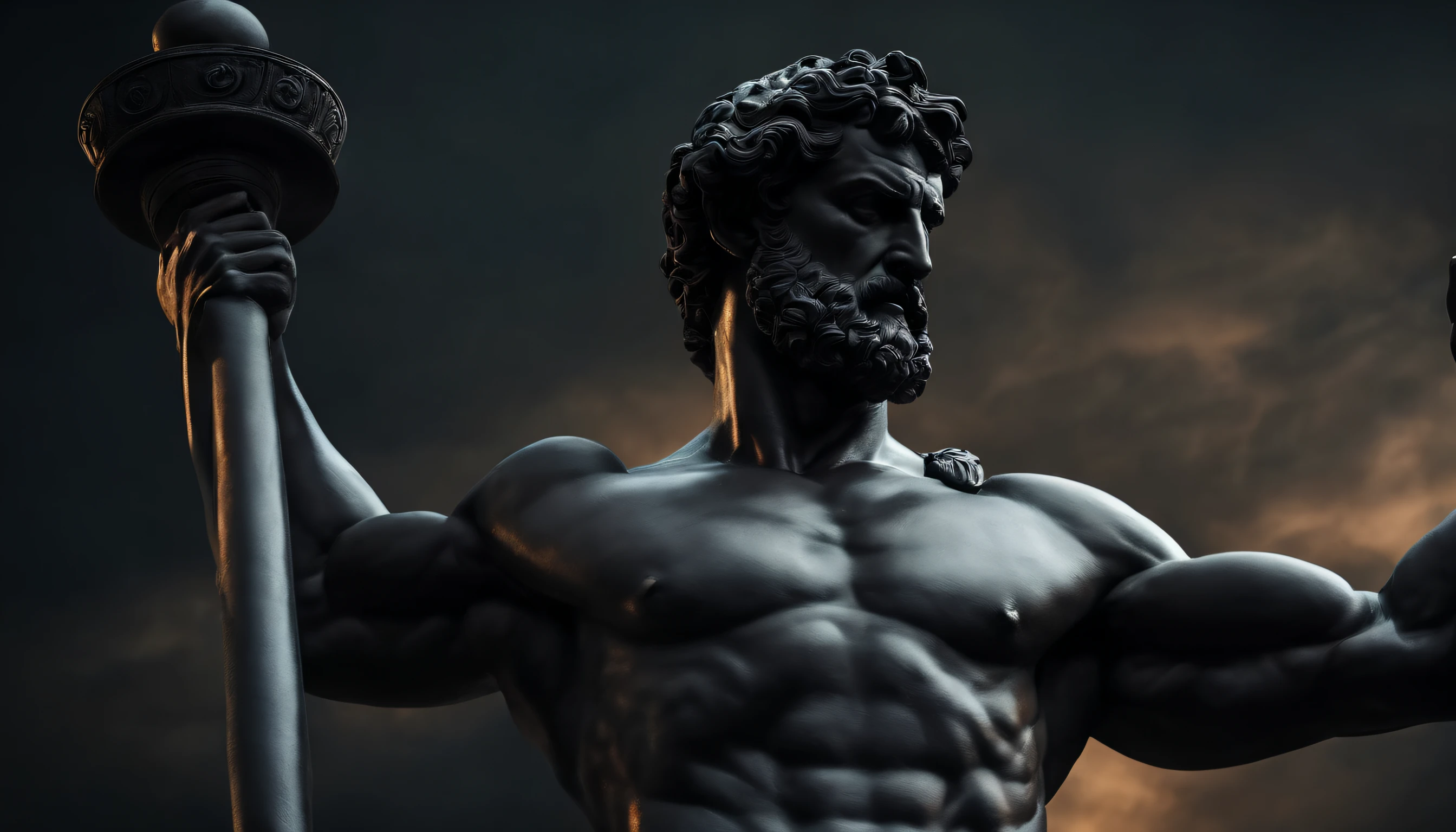 Cinematic Stoic Seneca Statue Hercules Style 4K, with muscles and dark background.