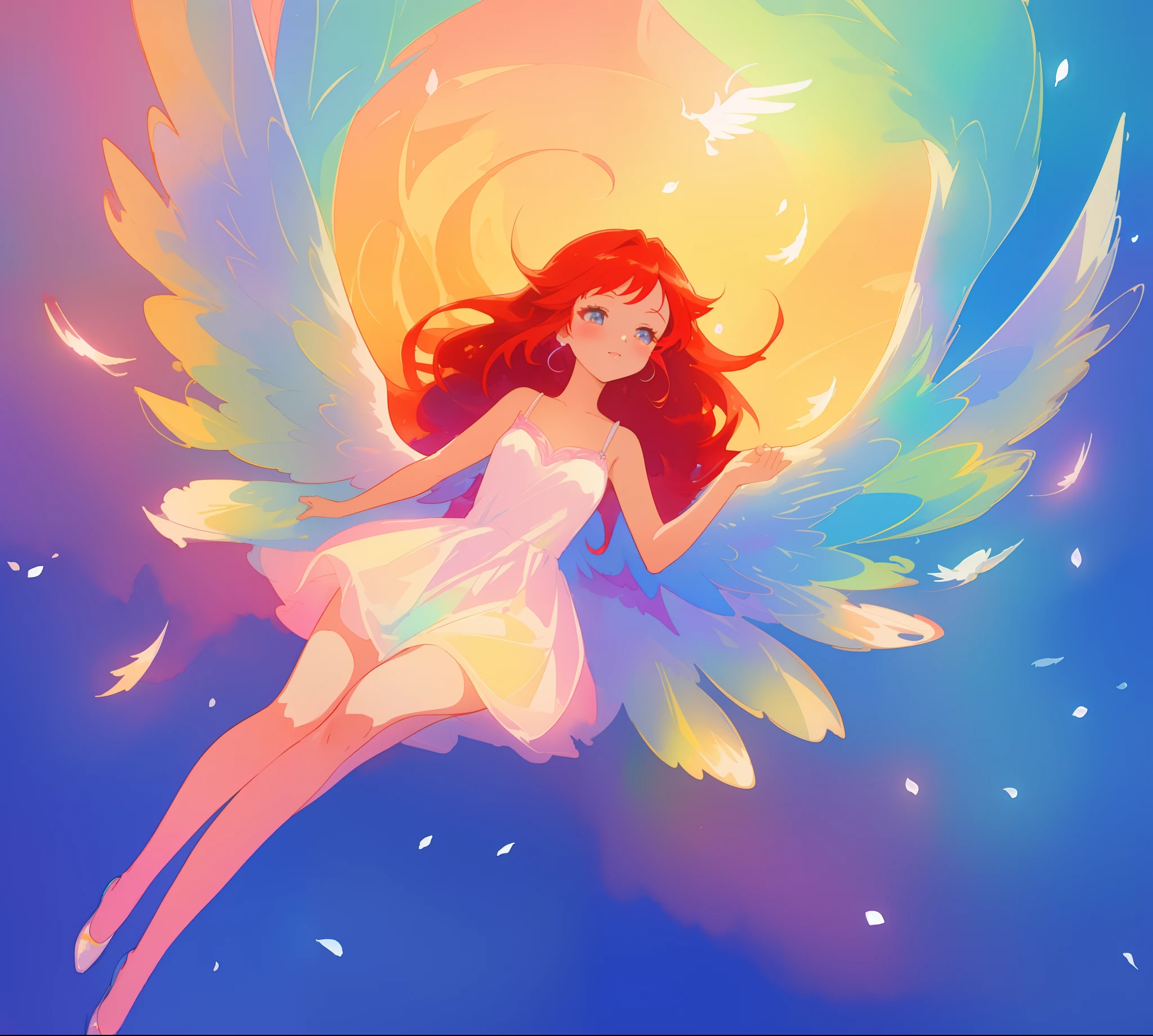 beautiful angel girl in white flowing dress, ((colorful angel wings)), vibrant pastel colors, long flowing red hair, colorful fantasia background, watercolor illustration, disney art style, beautiful digital illustration, beautiful, masterpiece, best quality, anime disney style, beautiful face