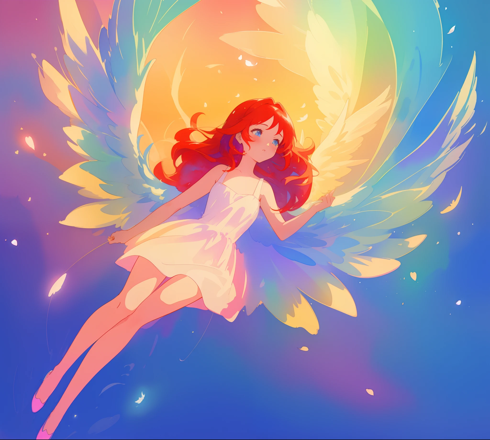 beautiful angel girl in white flowing dress, ((colorful angel wings)), vibrant pastel colors, long flowing red hair, colorful fantasia background, watercolor illustration, disney art style, beautiful digital illustration, beautiful, masterpiece, best quality, anime disney style, beautiful face