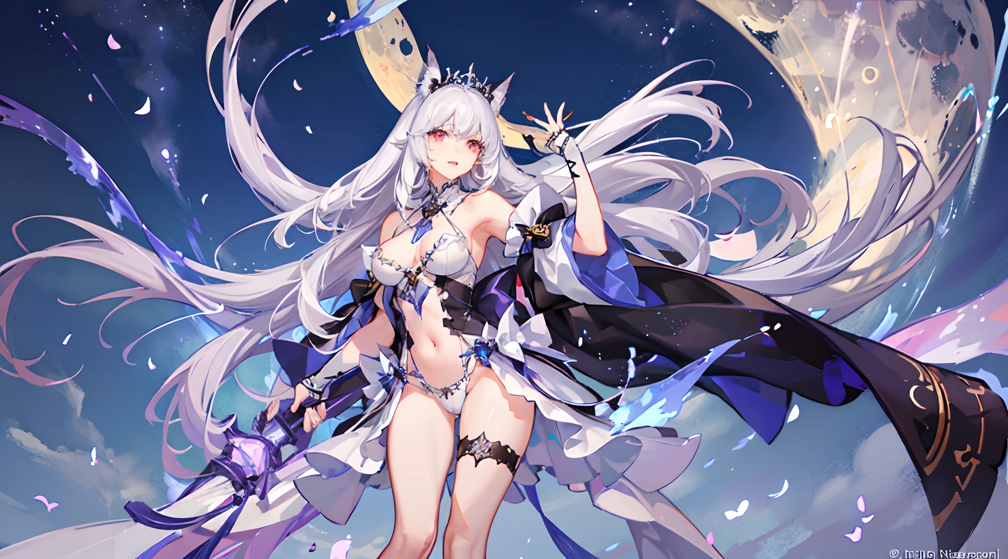 masterpiece, best quality, 8k quality, ultra detailed, a dark skin moon goddess with nine fox tails, beautiful, sexy, white hair, attractive bust, thick thighs, detailed hands, 8k quality, wearing a moon tiara, silk covered bust, no nudes, eyes that shine like the moon, detailed quality, detailed background, monuments in background, glowing moon in background,