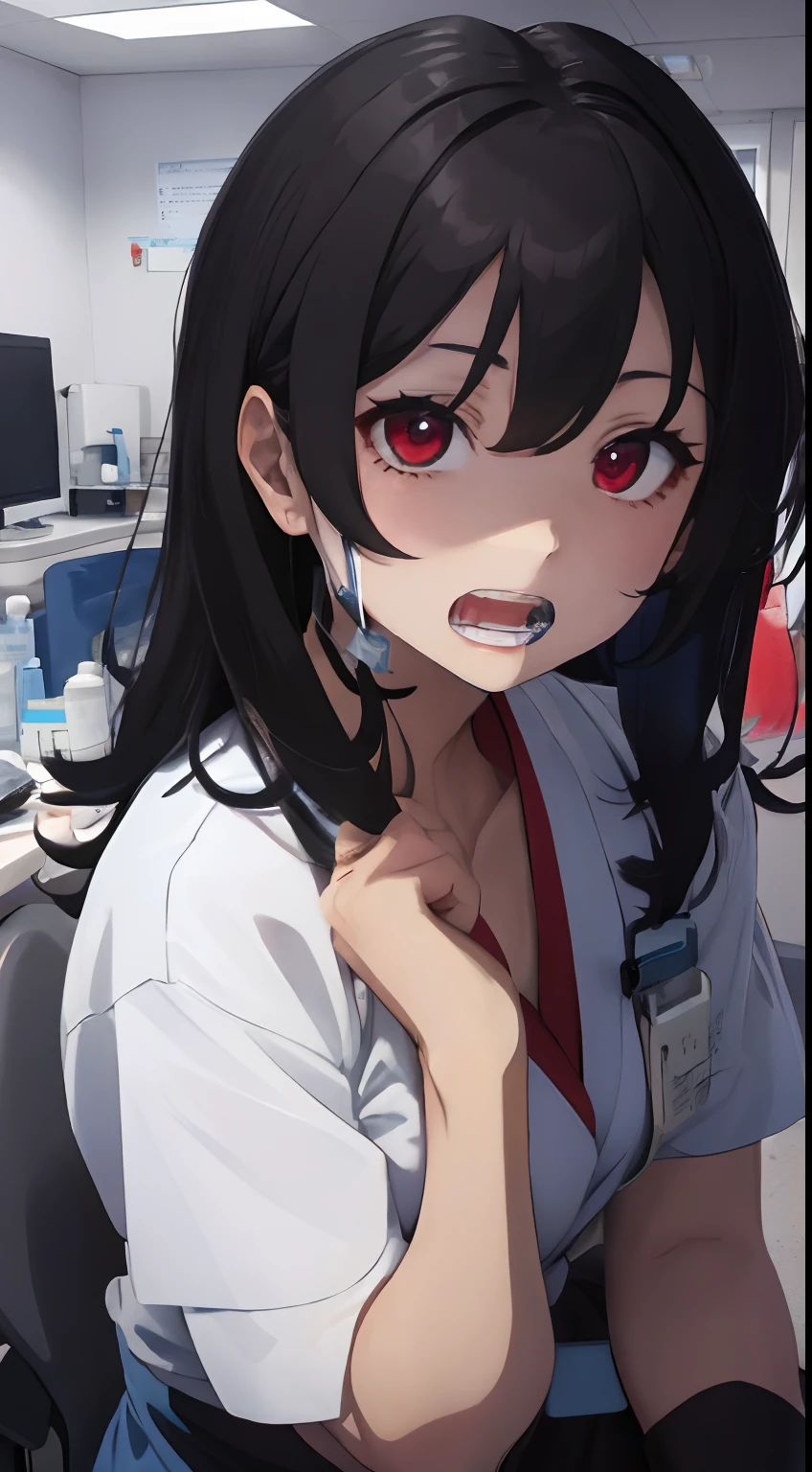 Canvas illustration, anime style, HD, high contrast, gothic background with creepy hands touching a young girl wearing a white robe. The girl has black hair, shedding tears. Holding stethoscope in one hand and the other hand is bleeding. The girl is wearing spectacles and her tears are red in colour. 