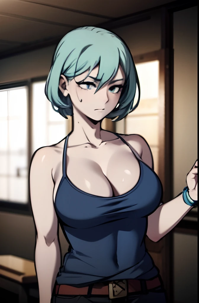 A woman with scars on her body, light blue hair, wearing a tank top, and looking sexy.
(best quality,4k,8k,highres,masterpiece:1.2),ultra-detailed,(realistic,photorealistic,photo-realistic:1.37),portrait,blue hair,scars,sexy look,light blue tank top.