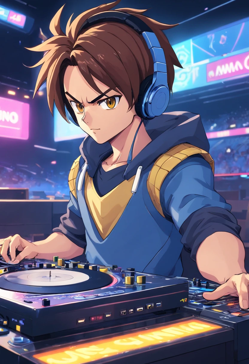 Vegeta from Dragonball with headphones, with a DJ table style anime