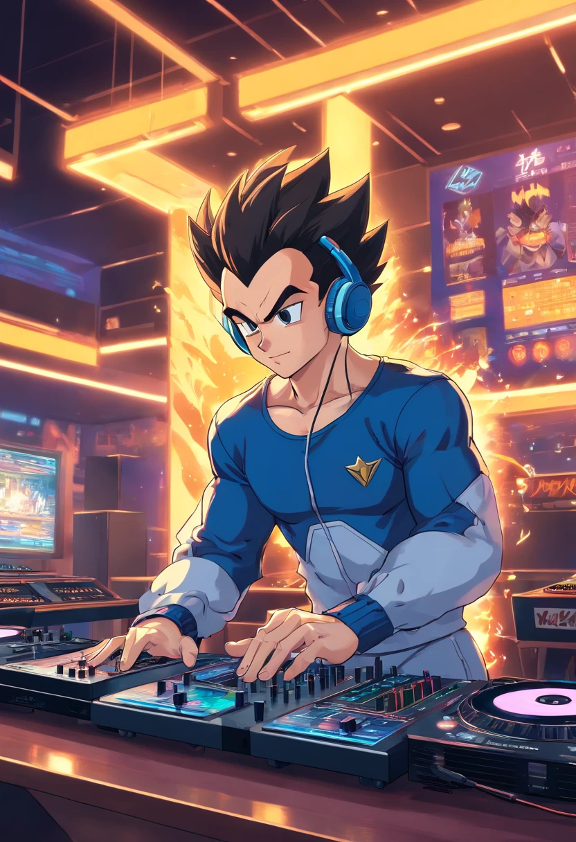 Vegeta from Dragonball with headphones, with a DJ table style anime