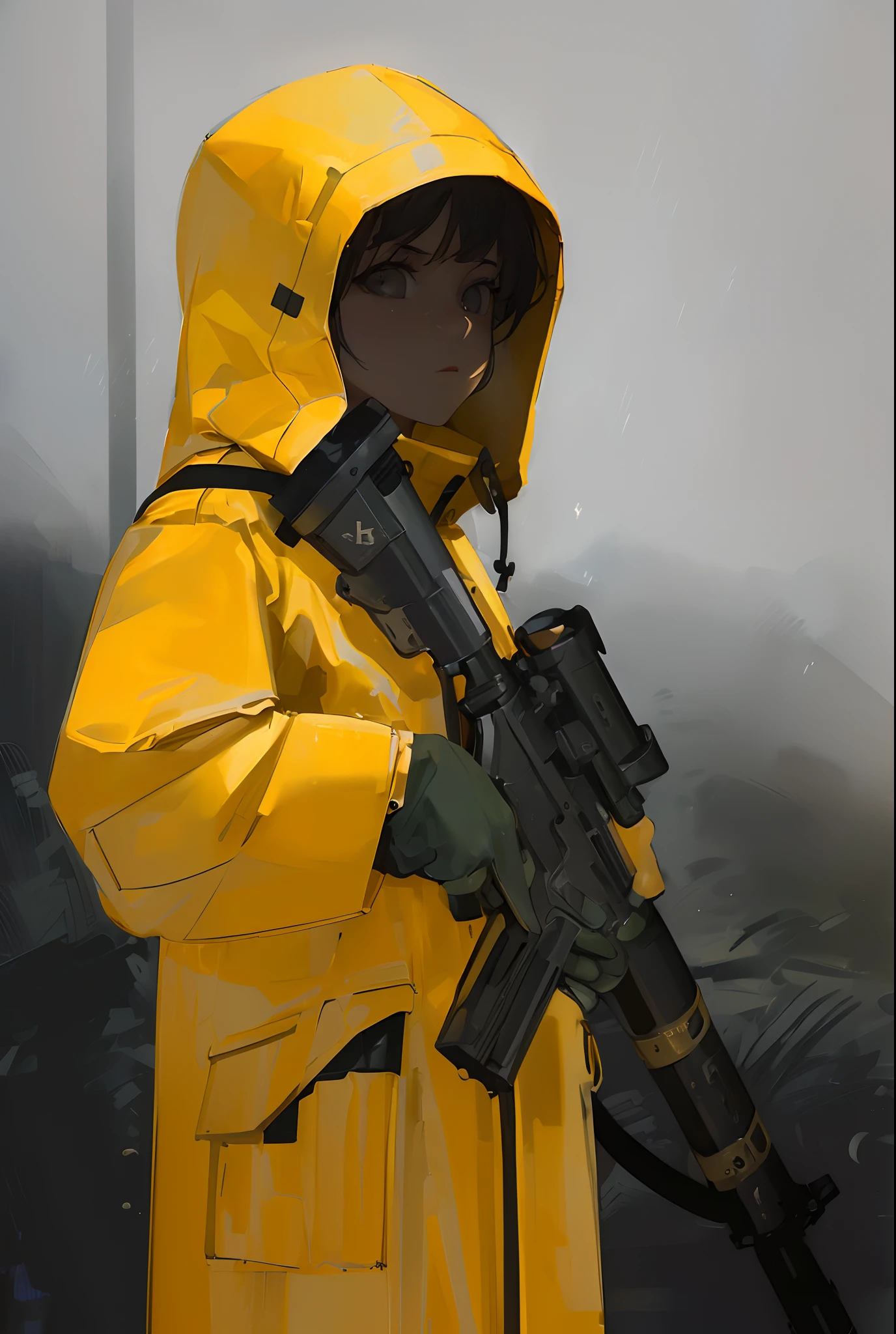 1girl, yellow raincoat, raining, full body, jungle, military uniform, hood, holding weapon, assault rifle,, detailed background, masterpiece, best quality,