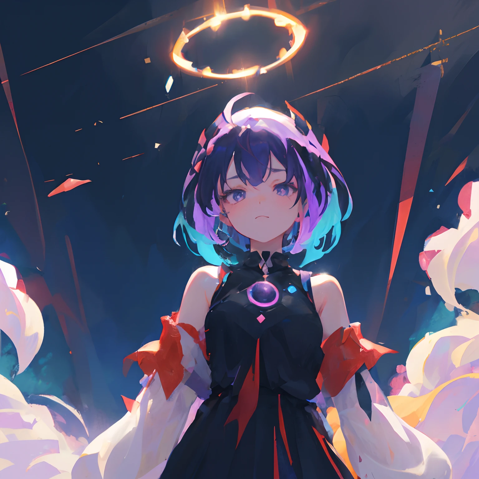 masterpiece, best quality, dreamwave, aesthetic,  1girl, solo, white dress,Blue hair, purple hair, smug, short hair