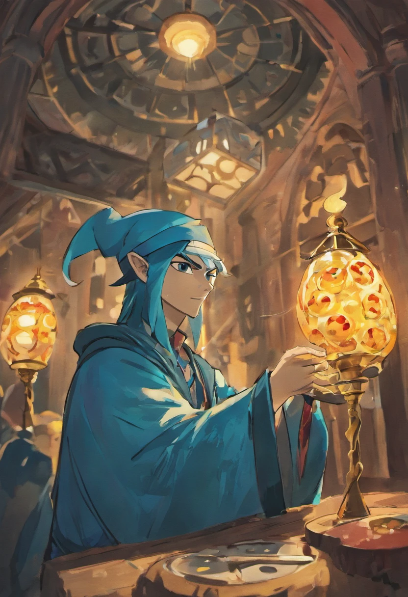 Cartoon of a man dressed in blue with a lamp, I put a pizza on the tip of my index finger,Looking at the camera,Cartoon style illustration, in cartoon style, cartoon artstyle, cartoon image, caricature illustration, caricature style, Cartoon portrait, Cartoon art, full color illustration, Promotional Art, Inspired by Sudip Roy, Inspired by Artune Sultan, animation character, created in adobe illustrator, Cartoon Illustration, cartoonish and simplistic