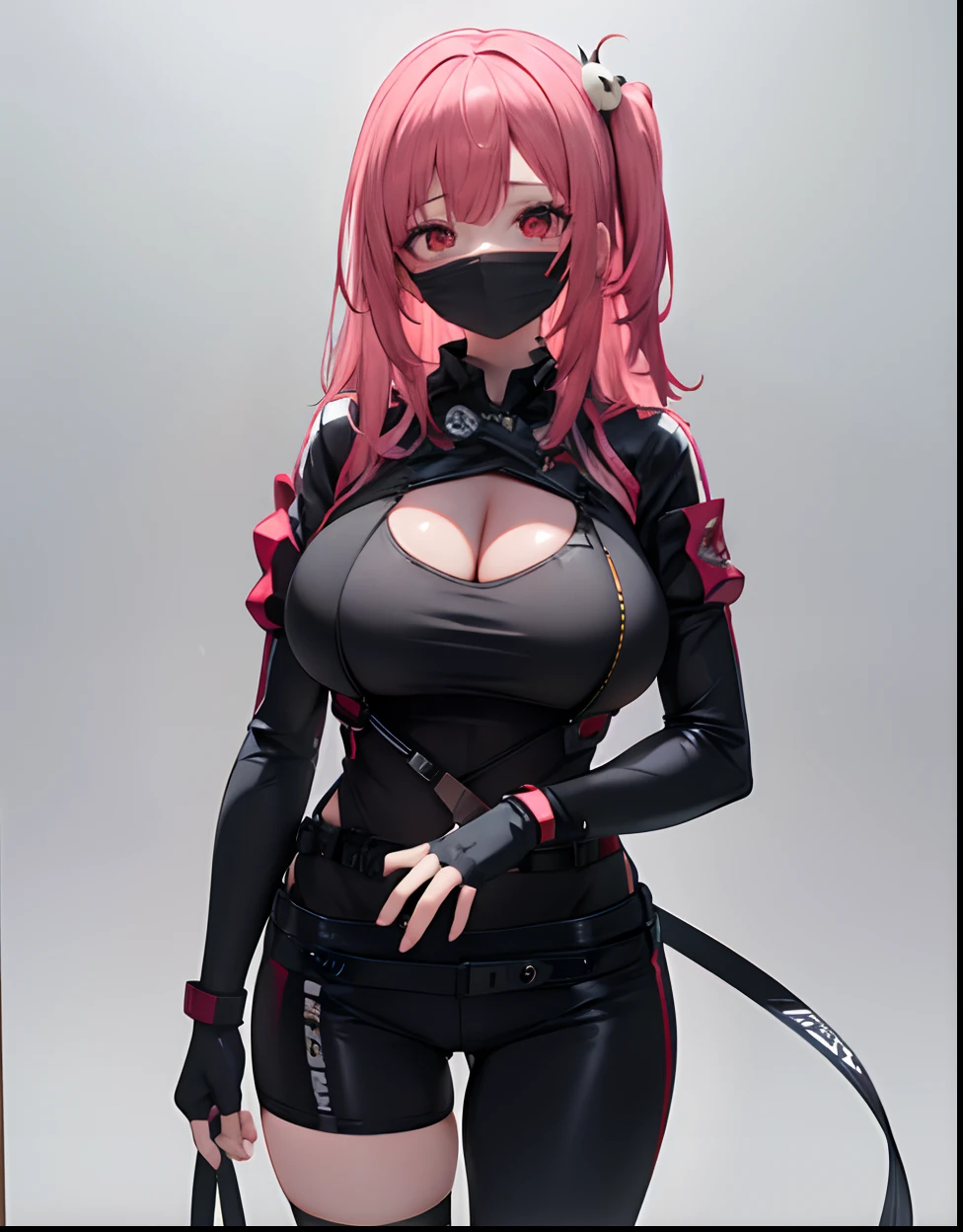 honokabkn, 1girl, breasts, solo, huge breasts, looking at viewer, blush, closed mouth, standing, cleavage, skindentation, techwear, black clothes, face mask, pink hair, red eyes, fingerless gloves