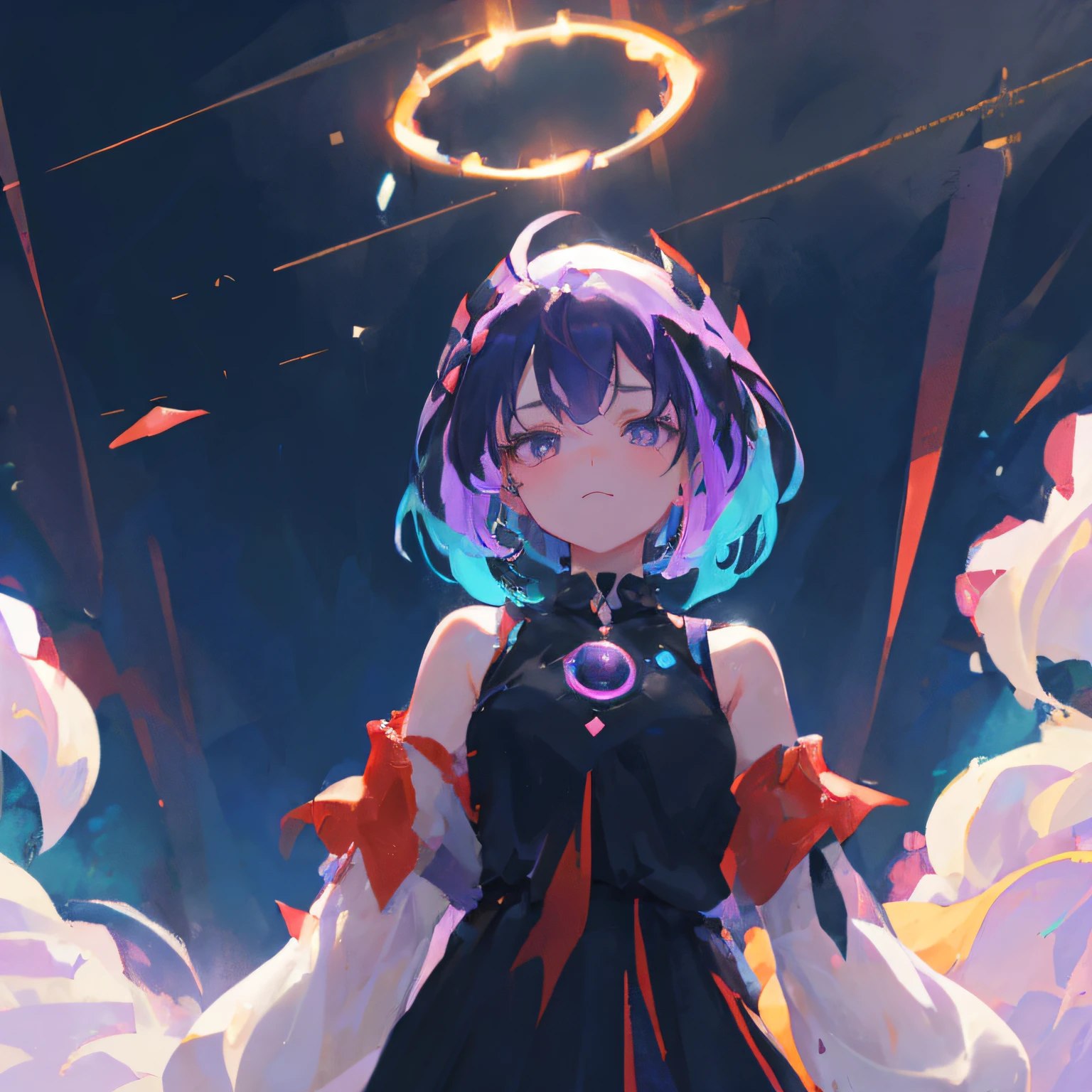 masterpiece, best quality, dreamwave, aesthetic,  1girl, solo, white dress,Blue hair, purple hair, smug, short hair