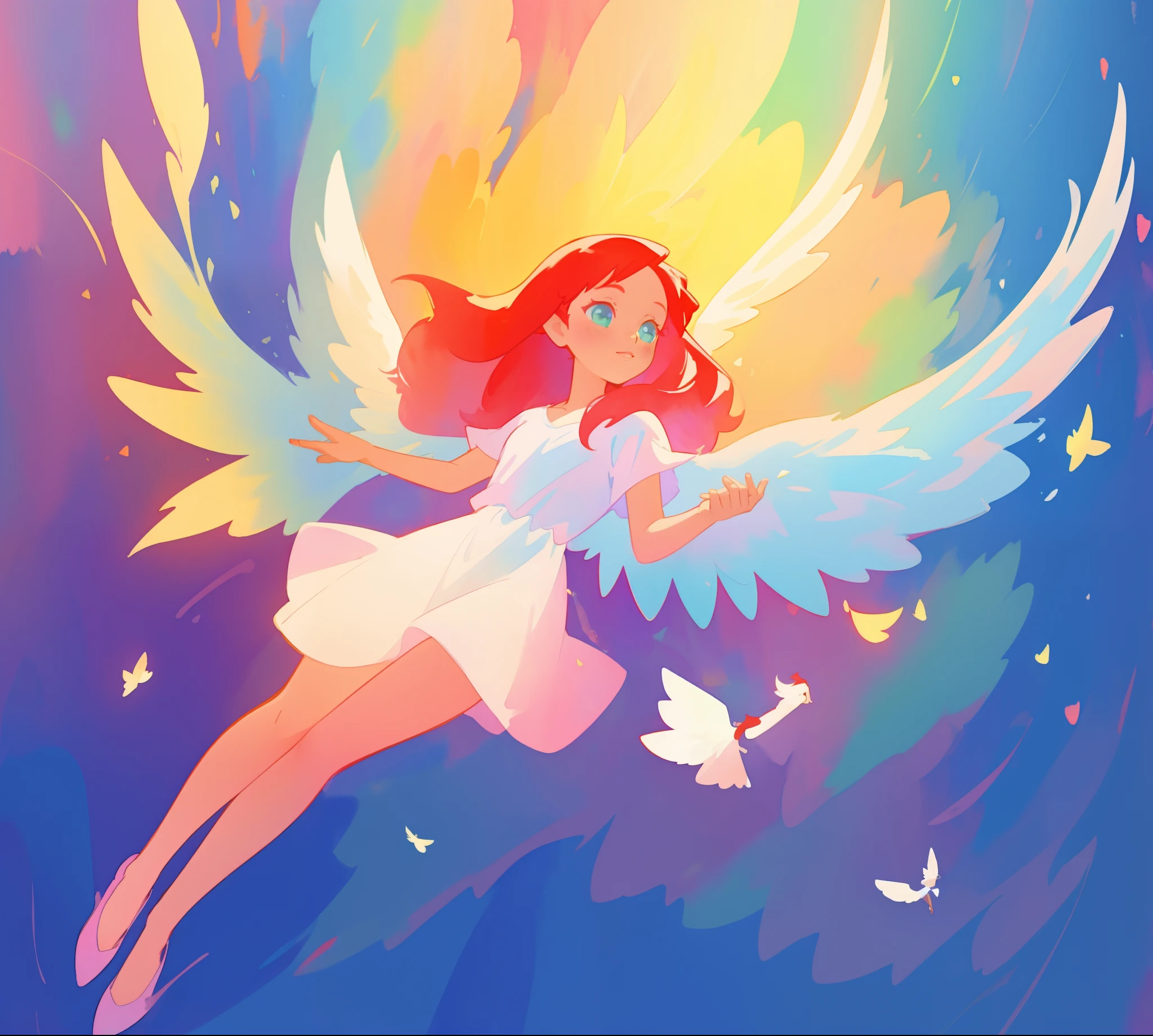 beautiful angel girl in white flowing dress, ((colorful angel wings)), vibrant pastel colors, long flowing red hair, colorful fantasia background, watercolor illustration, disney art style, beautiful digital illustration, beautiful, masterpiece, best quality, anime disney style, beautiful face