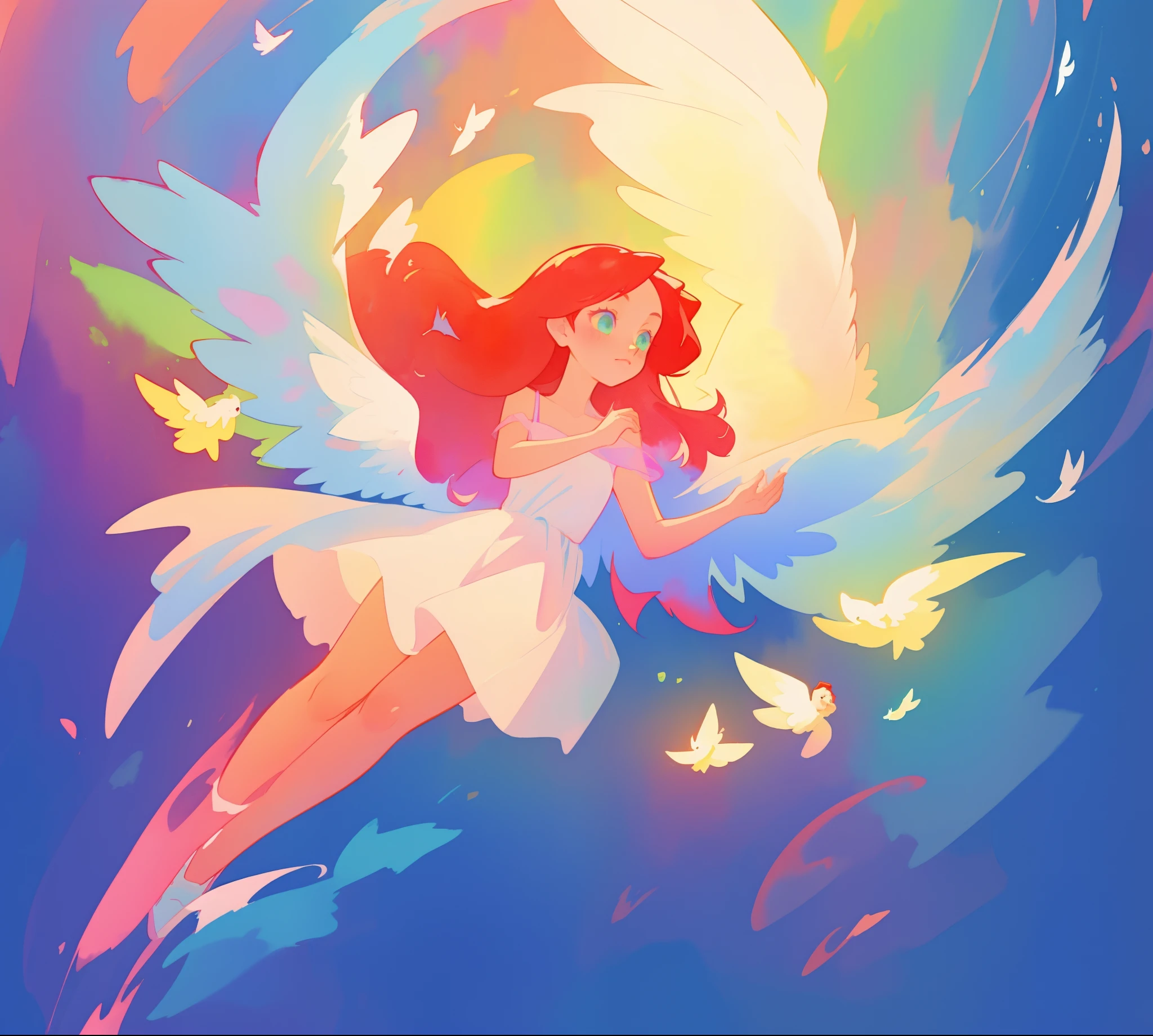 beautiful angel girl in white flowing dress, ((colorful angel wings)), vibrant pastel colors, long flowing red hair, colorful fantasia background, watercolor illustration, disney art style, beautiful digital illustration, beautiful, masterpiece, best quality, anime disney style, beautiful face