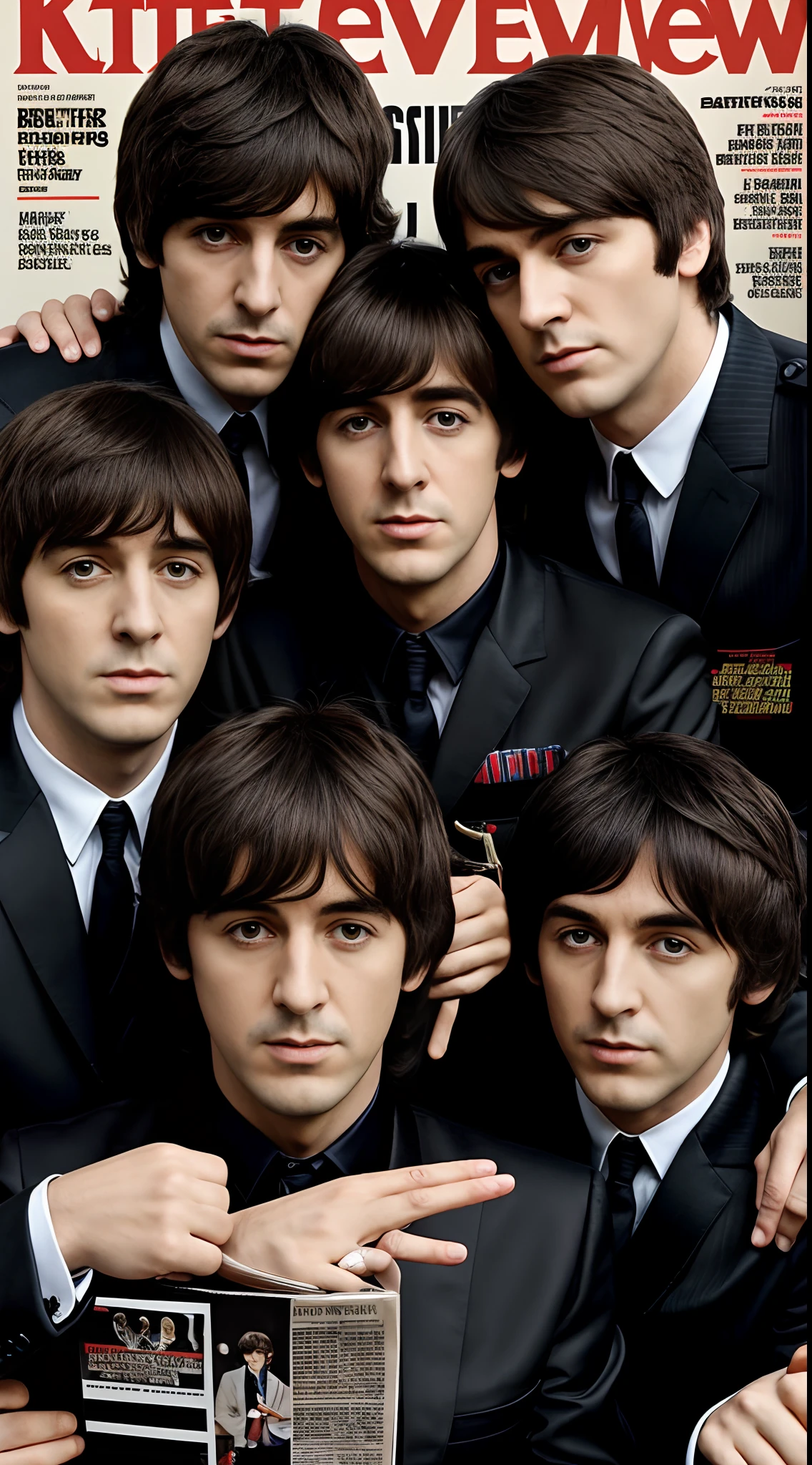 Description of the British rock band The Beatles,Scene of the interview,MagazineCover,Correct body structure,delicated face,Elaborate Eyes,
