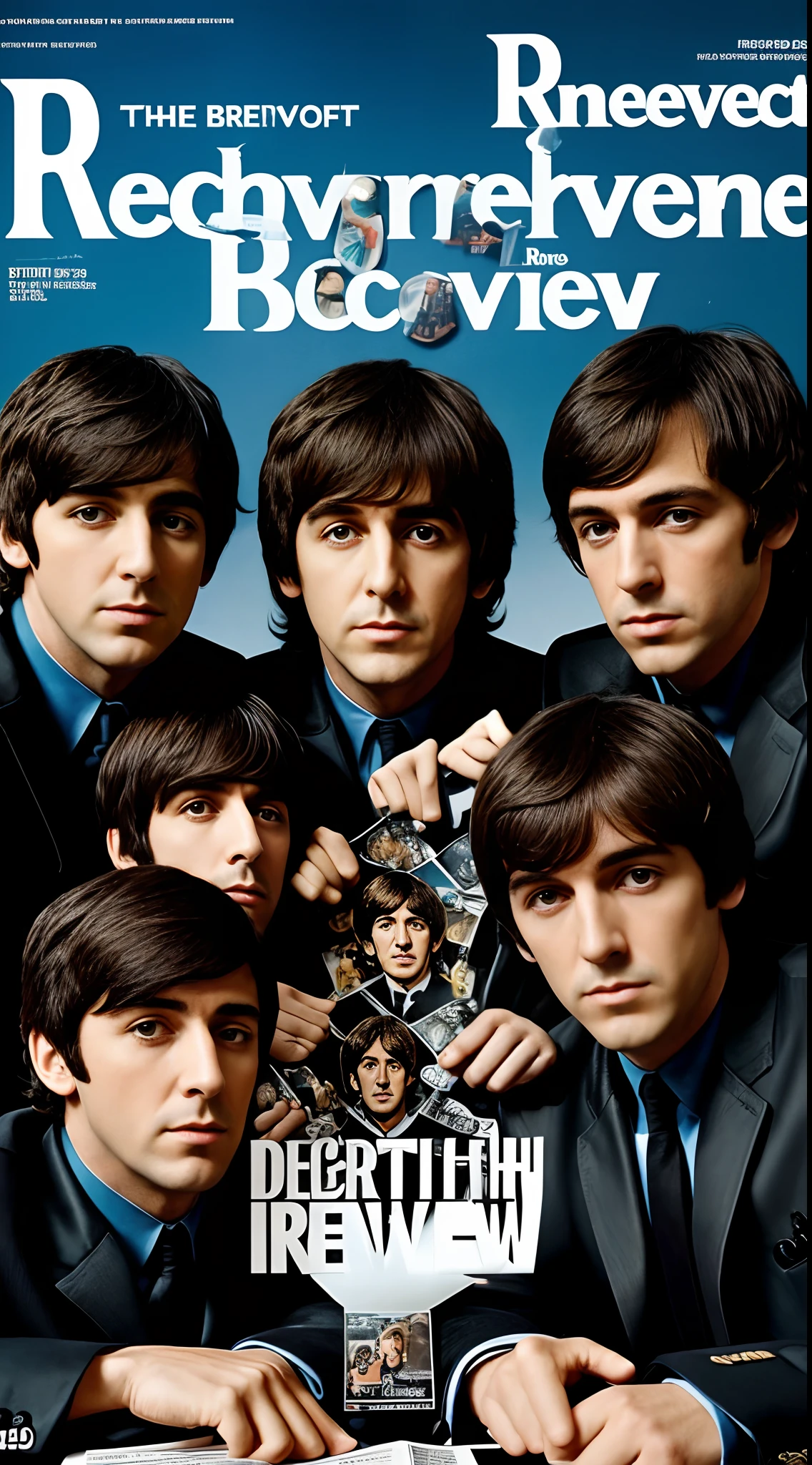 Description of the British rock band The Beatles,Scene of the interview,MagazineCover,Correct body structure,delicated face,Elaborate Eyes,