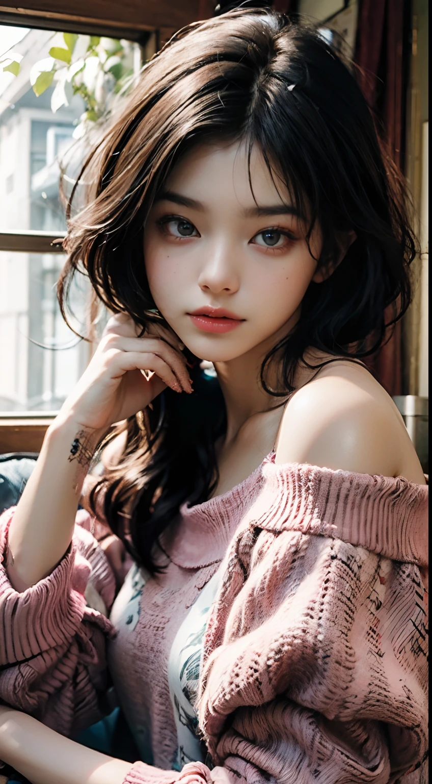 Best Quality, Masterpiece, Ultra High Resolution, (Realisticity: 1.4), Original Photo, 1girl, 23 years old:1.2, Pink Off-the-Shoulder, Cinematic Lighting