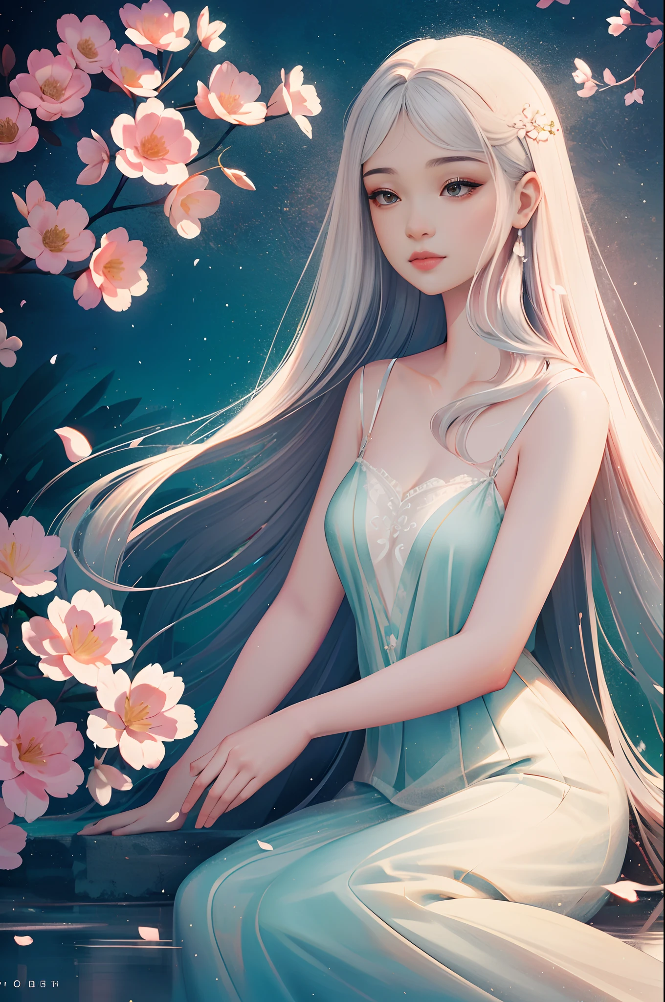 (best quality,high resolution,illustration,longeyelashes,tranquil garden,soft lighting,misty atmosphere,magical world,intricate details,gentle smile,summer breeze,happy atmosphere,dewy skin,flowing garments,blooming flowers,joyful notes,natural portrait,play of light and shadow,serene soul,elegant pose,subtle expression,alluring eyes,enchanting smile,meticulous makeup,mysterious flowers,elaborate patterns,horizontal scroll,serene ambiance)
