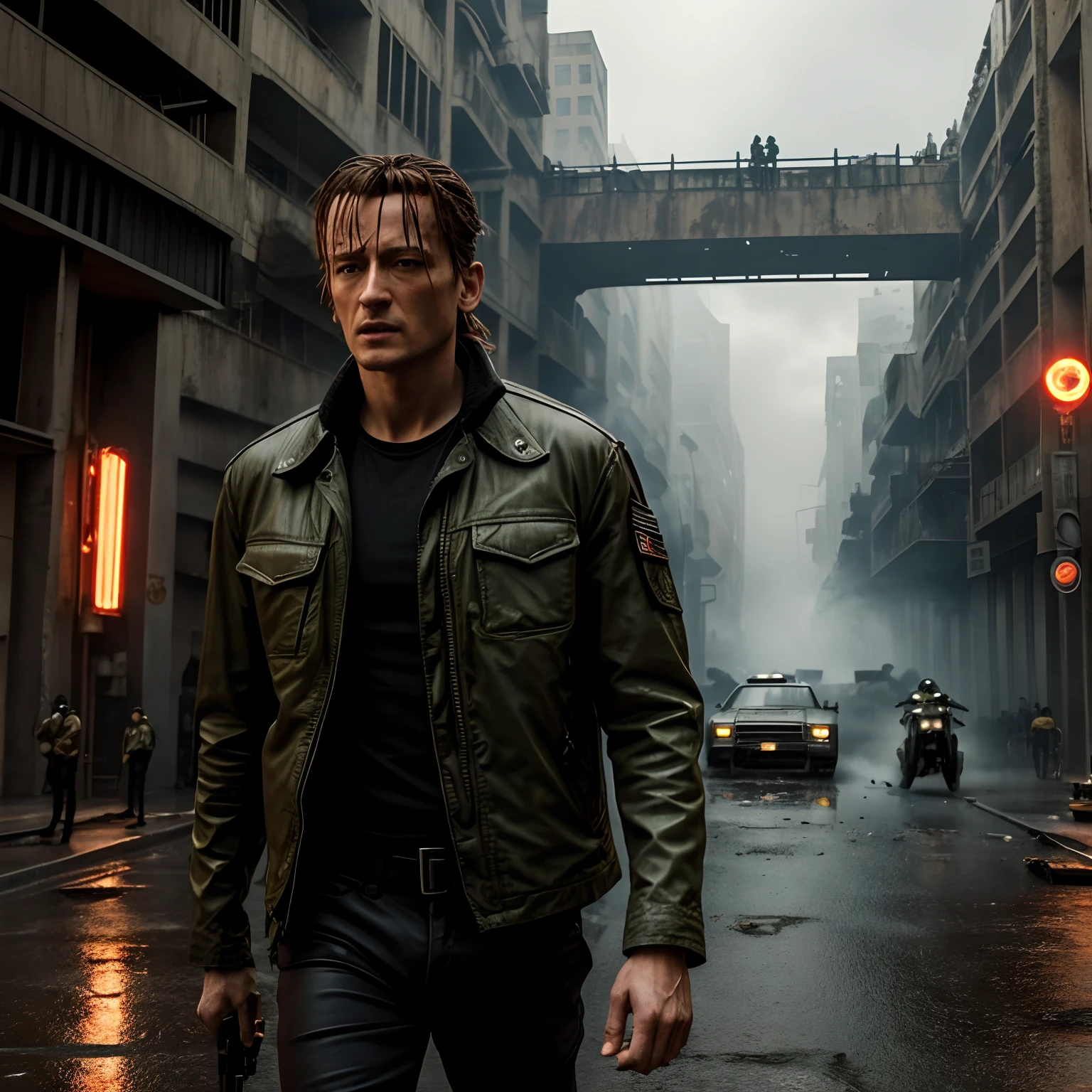 1hombre, pelo corto((John Connor)), futuristic, Leader of the Resistance, dystopian cityscape, Ambiente oscuro y arenoso, intense action scene, Iconic Army Green Jacket, Red handkerchief on arm, Cicatriz en la cara cerca del ojo , epic battle, Explosiones, Post-apocalyptic setting (terminador), Suspenseful chase sequence, Dramatic lighting, Dramatic camera angles, Momentos llenos de adrenalina."
