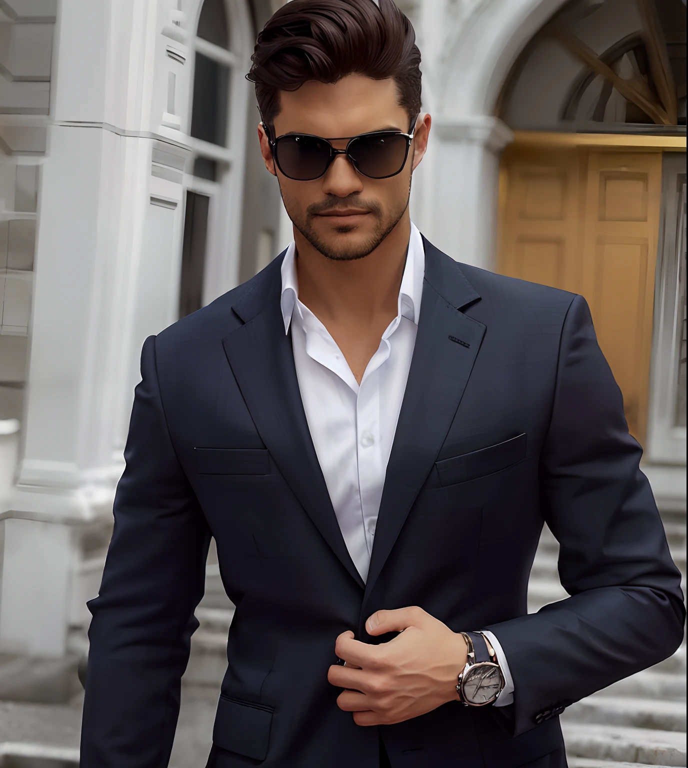 Man in black suit and sunglasses posing for a photo, bonito e atraente, homem bonito, homem no terno preto, bonito e elegante, Macho bonito, in suit with black glasses, homem atraente, with sun glasses, vestindo terno azul escuro, wearing a suit and glasses, vestindo terno preto, macho atraente, modelo masculino, with sunglasses Silver Watch