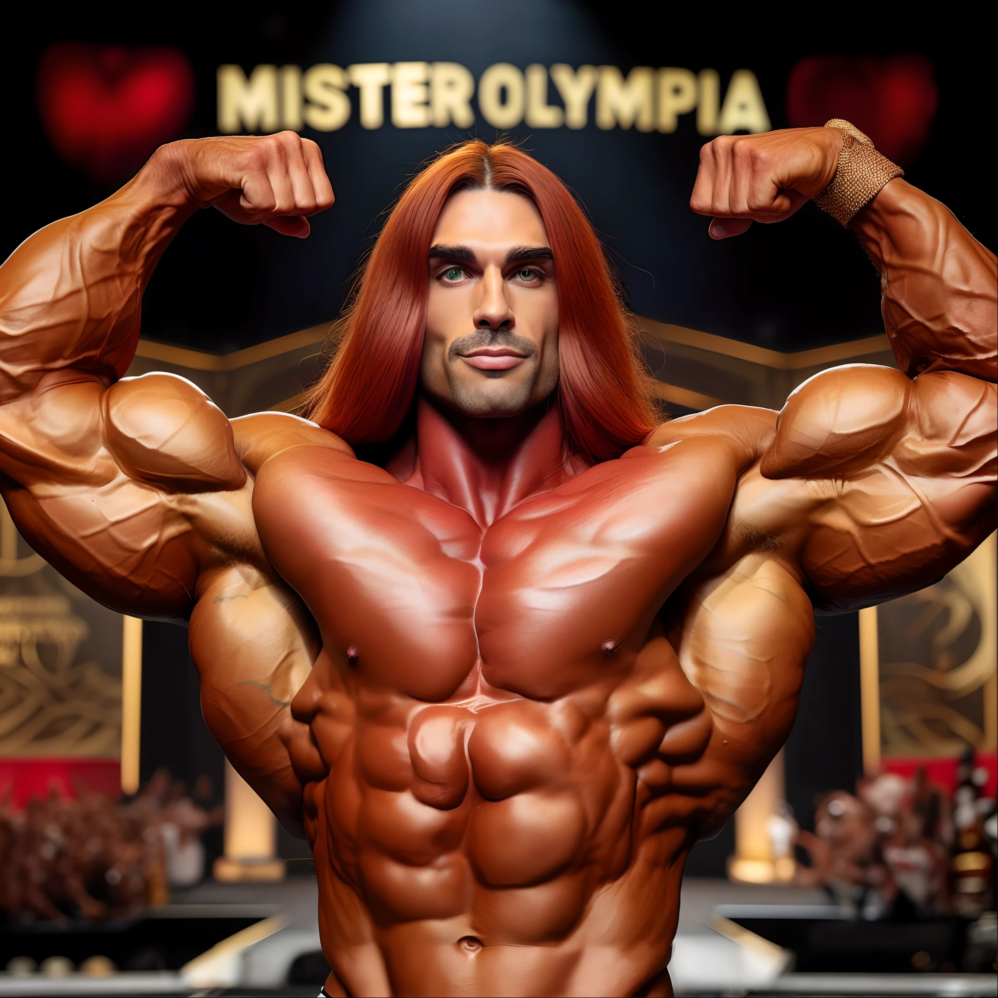 arafed Mexican man with long red hair posing for a picture, mr universe, exaggerated muscle physique, exaggerated physique, extreme muscles, exaggeratedly large physique, musculine, inspired by Viktor Oliva, muscular character, very beautiful. big muscles, chiseled muscles, absurdly muscular physique, bodybuilder, bodybuilder physique, muscular!!, exaggerated muscles