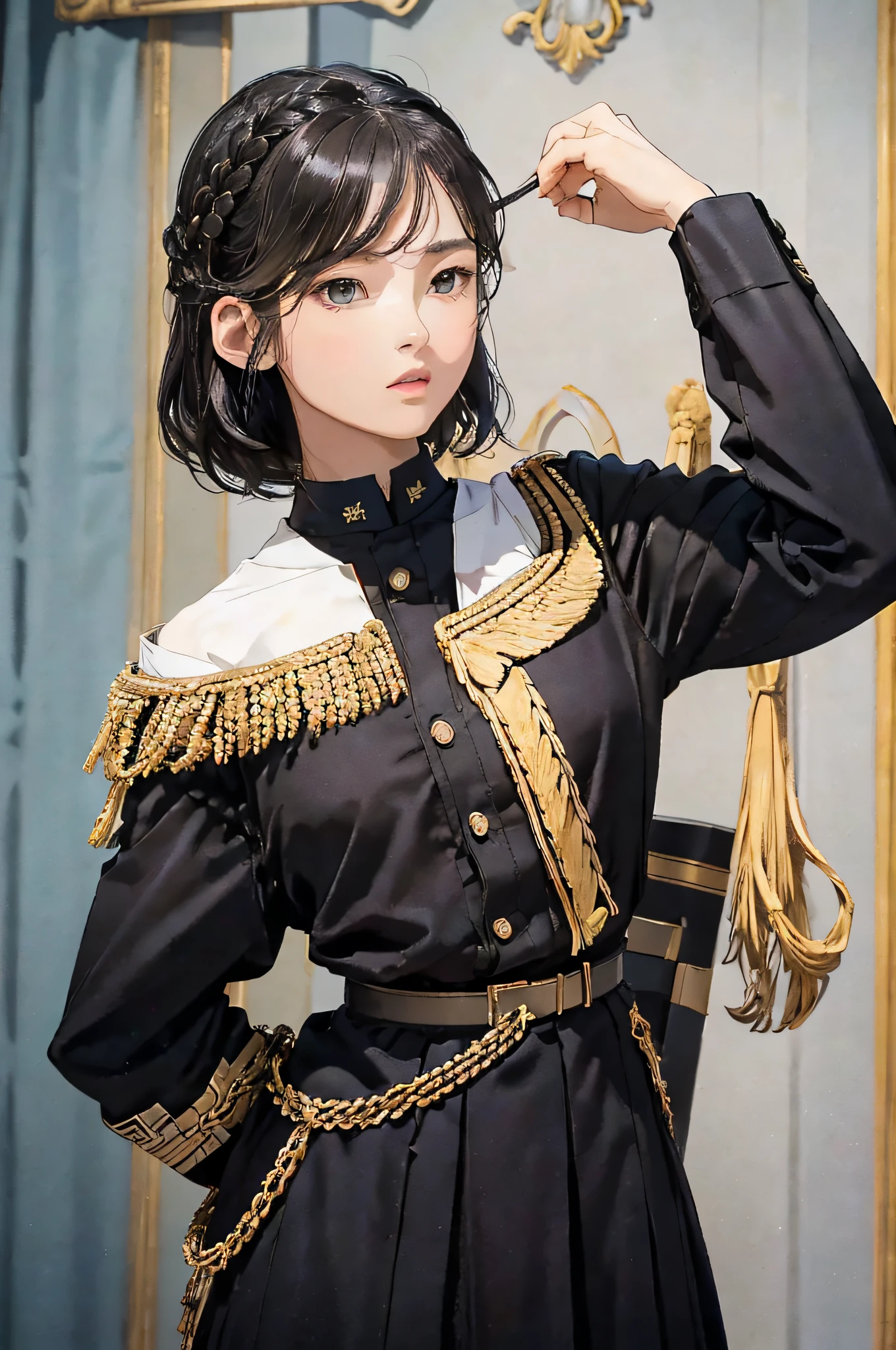 (highest resolution, distinct_image) best quality, woman, masterpiece, high detail, semi-realistic, short black hair, black hair, bangs, 18 years old, crown braids, shoulder-length hair, mature, young, black clothes, military uniform, detailed uniform with medals, military academy beauty heroic heroic posture interior background exquisite and exquisite facial features