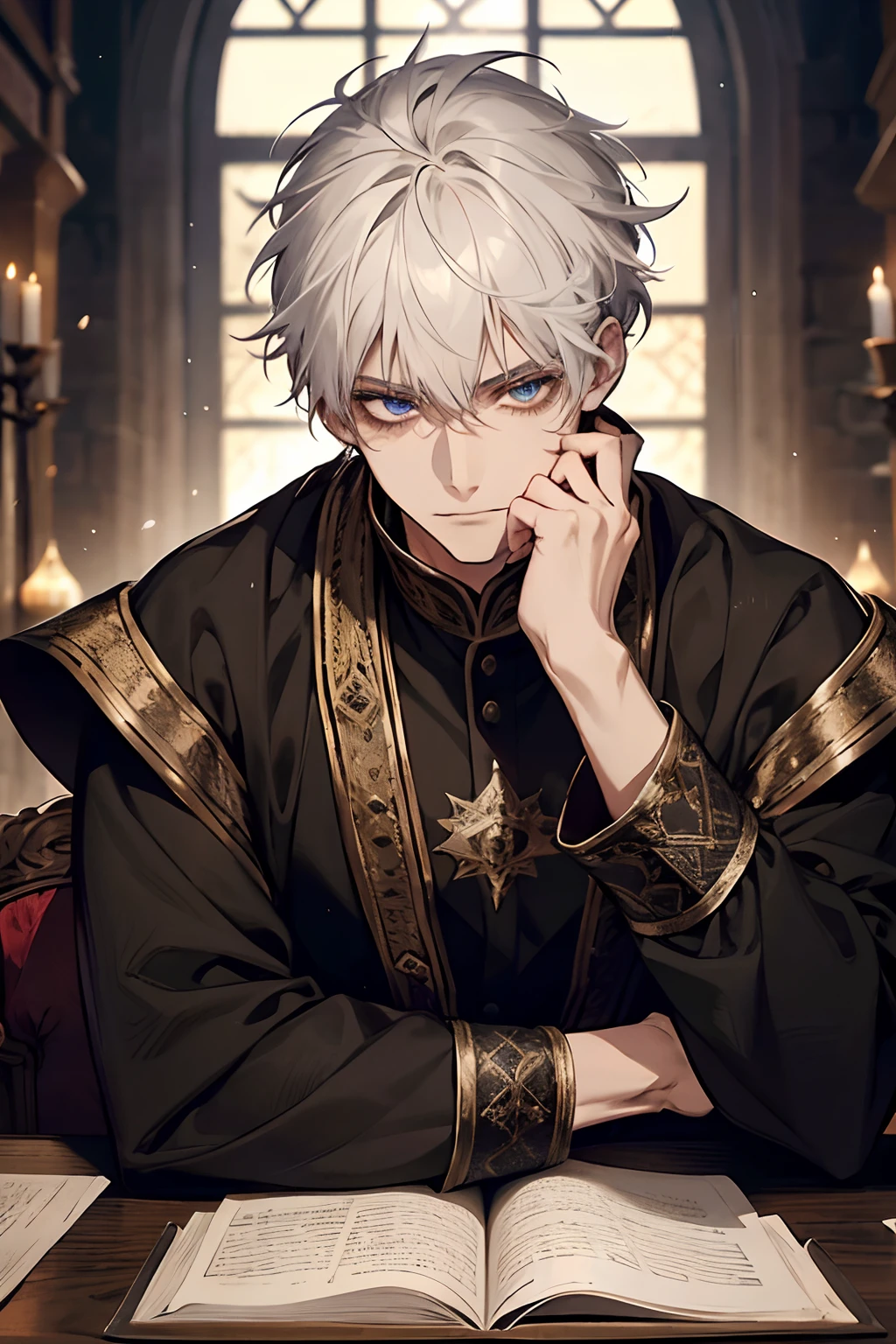 1male, calm, adult, age 35 face, messy hair, white hair, royalty, prince, wears black clothing, in a castle, adult face, medieval times, close up, calm