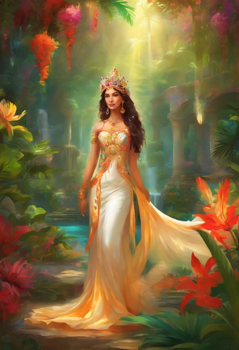 long eyelashes, wearing a flowing white dress with floral patterns, standing in a colorful tropical garden filled with exotic flowers and palm trees. The vibrant colors of the flowers, such as vivid reds, blues, and yellows, contrast beautifully with the lush greenery of the garden. The sunlight filters through the leaves, casting dappled shadows on the ground. The goddess exudes confidence and grace as she poses with one hand on her hip, her head held high, and a serene smile on her lips. The atmosphere around her is filled with a warm and inviting energy that transports the viewer to a peaceful and magical place. The artwork is created using a combination of digital painting and photography techniques, resulting in a stunning mixed media masterpiece. The image is of the highest quality, with ultra-detailed features and sharp focus. The overall style of the artwork is a blend of portrait and vibrant tropical landscape, capturing the essence of both the urban goddess and the lush tropical garden. The color palette is rich and diverse, incorporating both bold and soft tones to create a dynamic and visually captivating composition. The lighting in the scene is dreamy and ethereal, with soft rays of sunlight illuminating the goddess and casting a warm and gentle glow on her caramel skin.