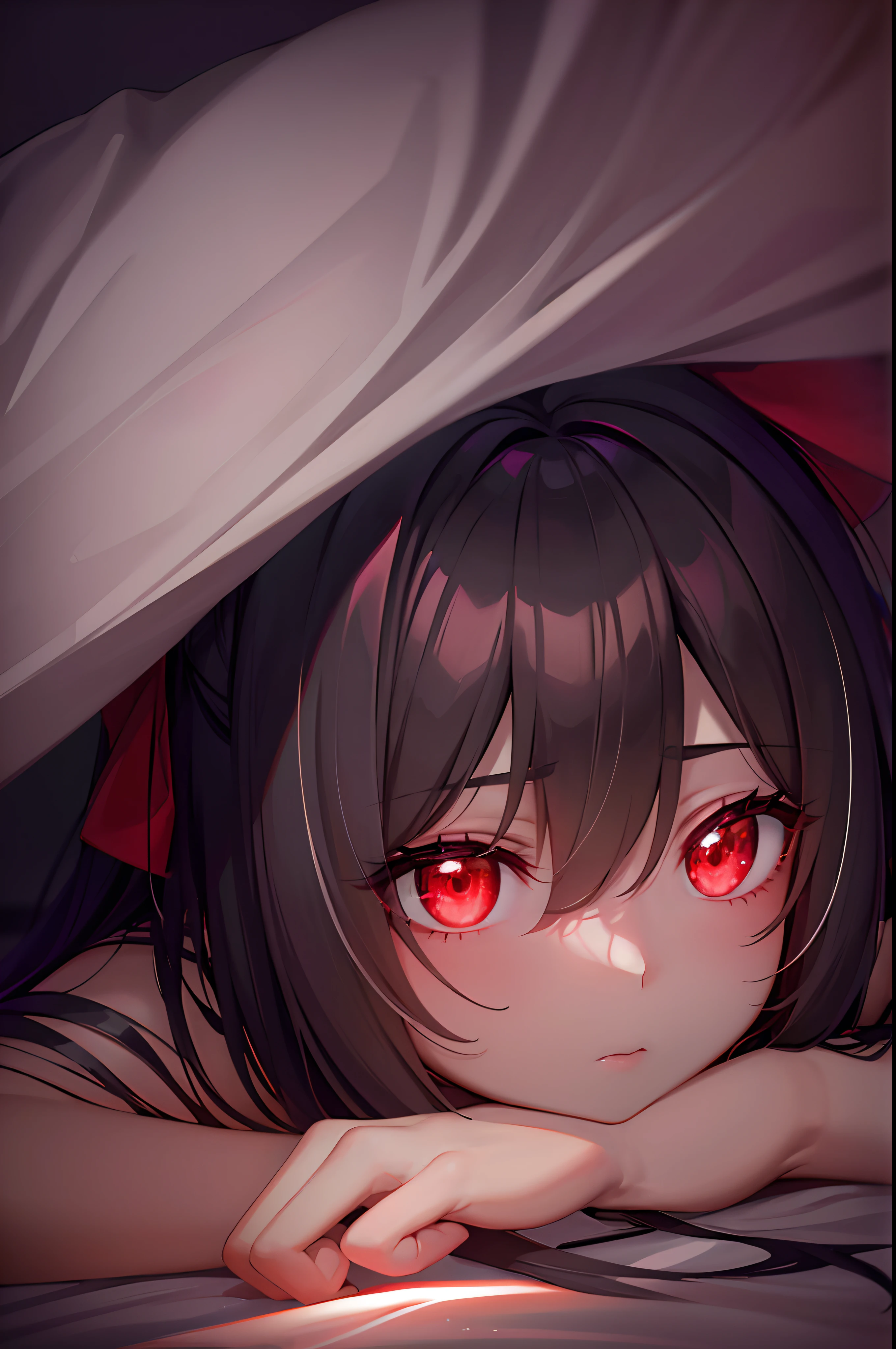 A dark silhouette of a girl on you while your in bed in the dark under the covers, ((POV)), ((bright red glowing eyes))