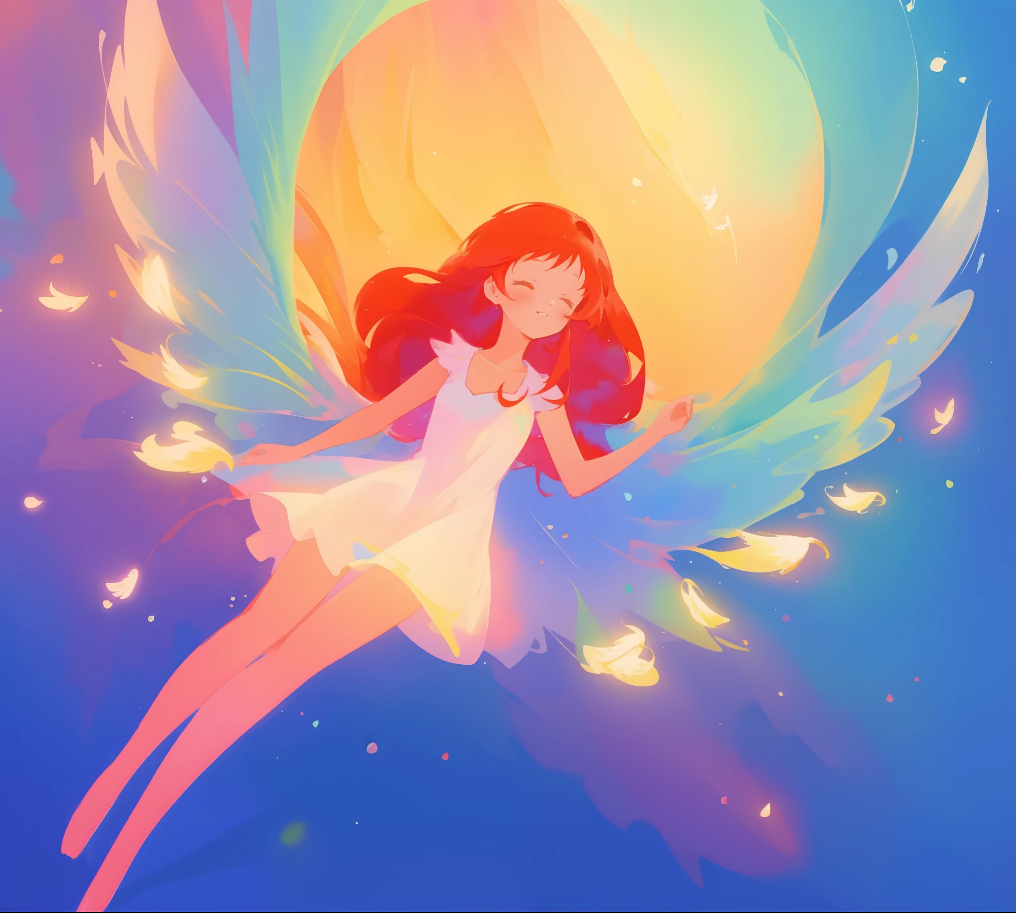 beautiful angel girl in white flowing dress, ((colorful angel wings)), vibrant pastel colors, long flowing red hair, colorful fantasia background, watercolor illustration, disney art style, beautiful digital illustration, beautiful, masterpiece, best quality, anime disney style, beautiful face