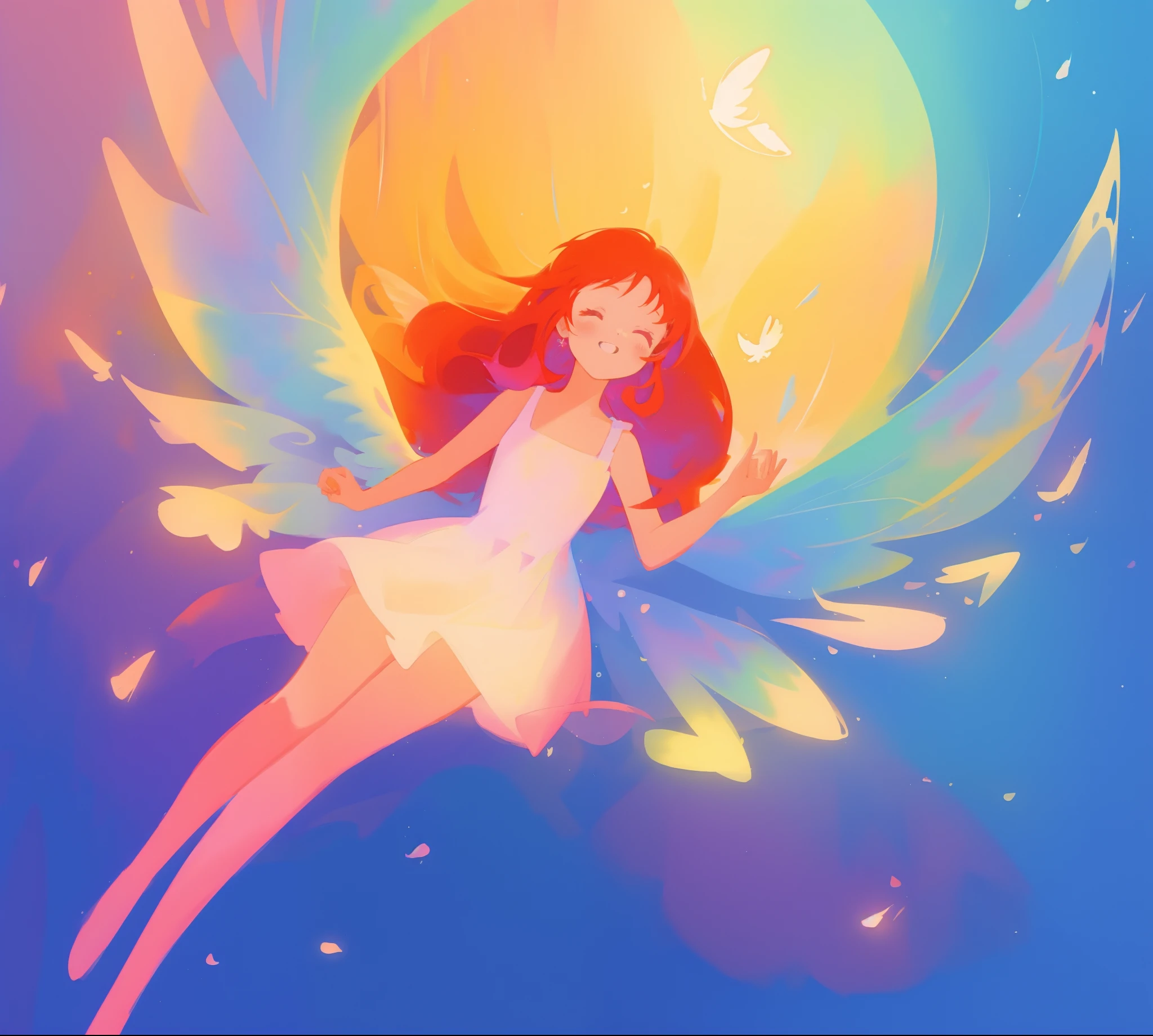 beautiful angel girl in white flowing dress, ((colorful angel wings)), vibrant pastel colors, long flowing red hair, colorful fantasia background, watercolor illustration, disney art style, beautiful digital illustration, beautiful, masterpiece, best quality, anime disney style, beautiful face