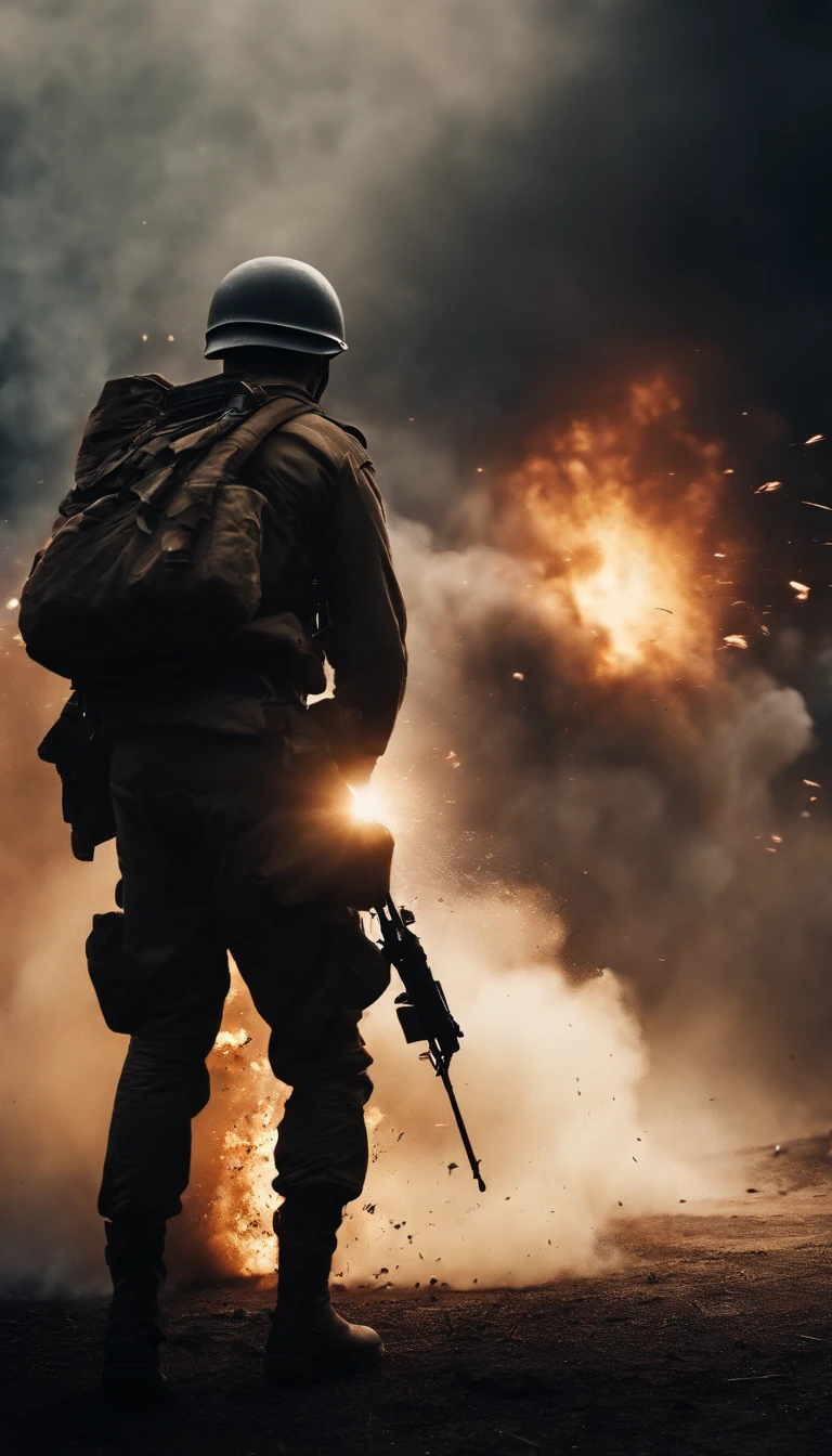 This is first person view of a soldier with a rifle in his hand, this is a beach scene with bullets in air, hundreds of enemies in front coming to war, water splashing in beach in the far view, smoke rising, grey sky