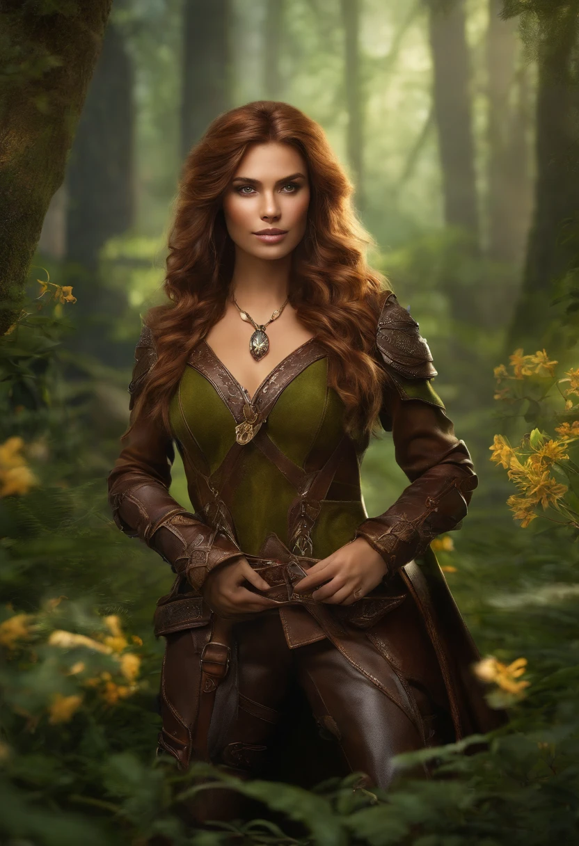 dark skin, Detailed beautiful young woman, reddish-golden-brown hair, Long, wavy and disheveled hair, Styled perfect green eyes, Gentle, Symmetrical, Realistic and beautiful face, (Background of the Magic Forest), Ranger Outfit: Leather Armor, faery, Wildflowers merge with hair, full - body, Masterpiece, absurdress,finely detail, saturated colors, dramatic lighting, Extremely detailed, Cinematic lighting