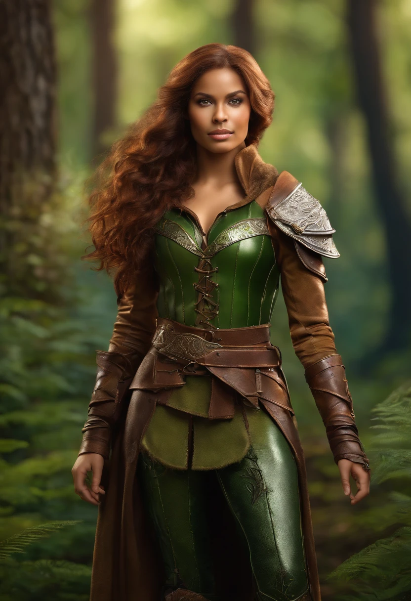dark skin, Detailed beautiful young woman, reddish-golden-brown hair, Long, wavy and disheveled hair, Styled perfect green eyes, Gentle, Symmetrical, Realistic and beautiful face, (Background of the Magic Forest),  Ranger Outfit: Leather Armor, faery, Wildflowers merge with hair, full - body, Masterpiece, absurdress,finely detail, saturated colors, dramatic  lighting, Extremely detailed, Cinematic lighting