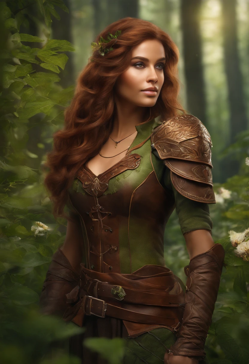 dark skin, Detailed beautiful young woman, reddish-golden-brown hair, Long, wavy and disheveled hair, Styled perfect green eyes, Gentle, Symmetrical, Realistic and beautiful face, (Background of the Magic Forest), Ranger Outfit: Leather Armor, faery, Wildflowers merge with hair, full - body, Masterpiece, absurdress,finely detail, saturated colors, dramatic lighting, Extremely detailed, Cinematic lighting