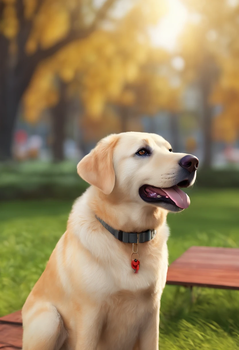 pixer style: female dog, Nero, Labrador, With a happy face. I'm drooling because I want food.,A clear day.a park,Benches,Wearing a NIKE jersey,