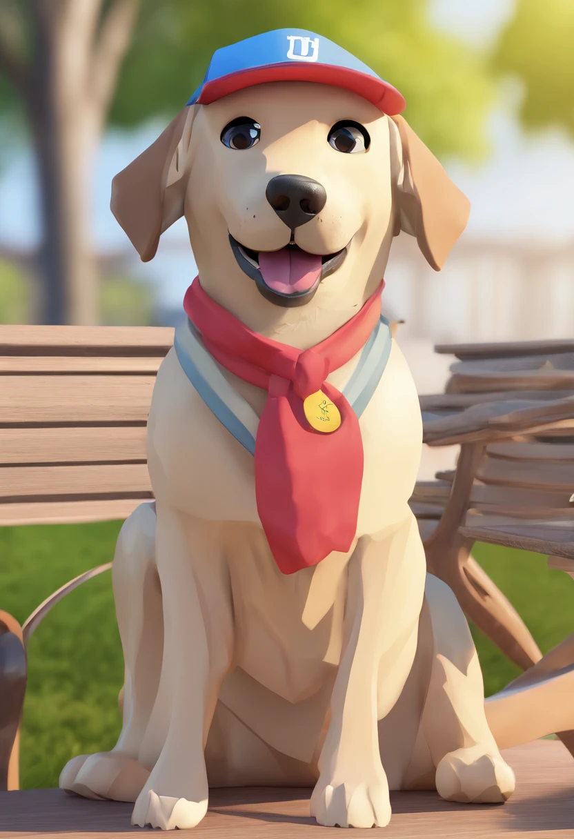 pixer style: female dog, Nero, Labrador, With a happy face. I'm drooling because I want food.,A clear day.a park,Benches,Wearing a NIKE jersey,