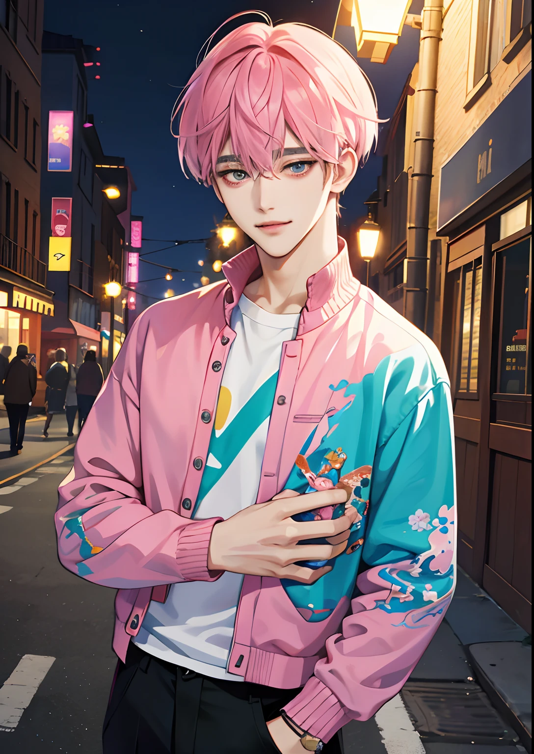 Night town, Guviz-style artwork, made with anime painter studio, Anime Realism Style, Realistic anime art style, painted in anime painter studio, Inspired by Kim Taehyung, In an anime style, anime handsome guy, Inspired by Kim Taehyung, anime realism、Pink hair、Shirts and knitwear、A smile