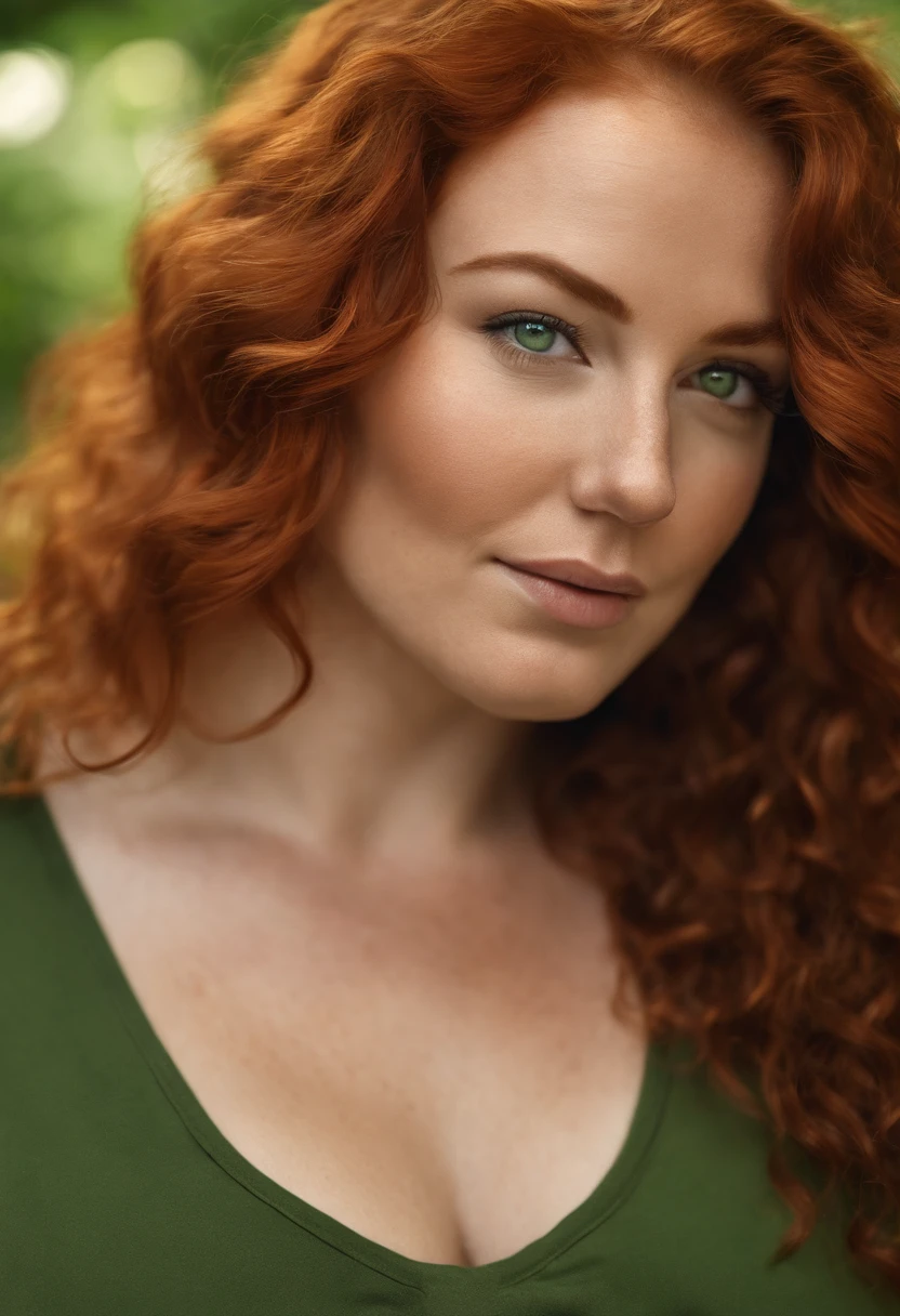 photo of beautiful age 34 woman, plus size, curvy, curly ginger hair, shoulder length hair, freckles all over, green eyes, sexy, cute, close up, young, dslr, 8k, 4k, ultrarealistic, realistic, natural skin, textured skin