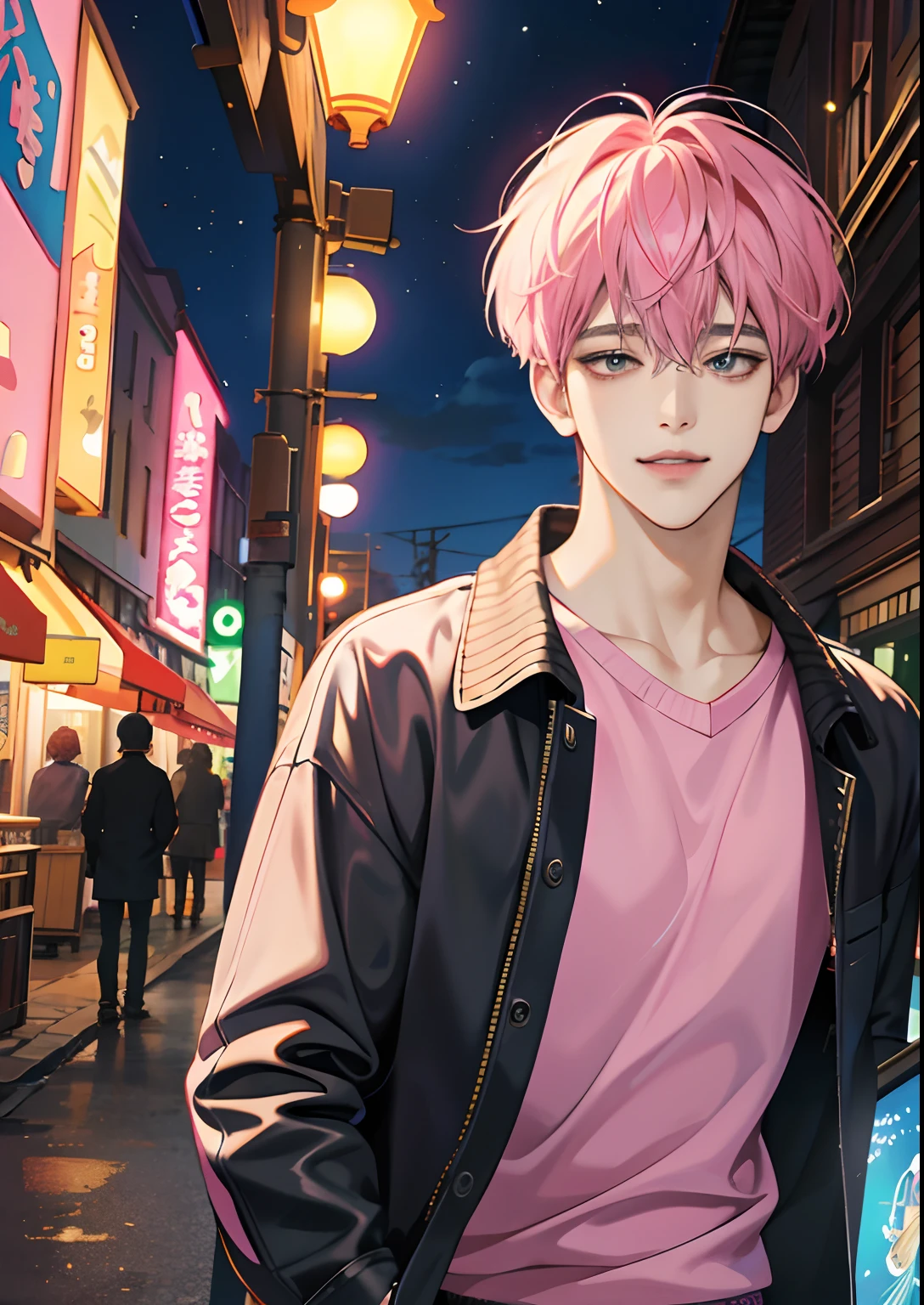 Night town, Guviz-style artwork, made with anime painter studio, Anime Realism Style, Realistic anime art style, painted in anime painter studio, Inspired by Kim Taehyung, In an anime style, anime handsome guy, Inspired by Kim Taehyung, anime realism、Pink hair、Shirts and knitwear、A smile