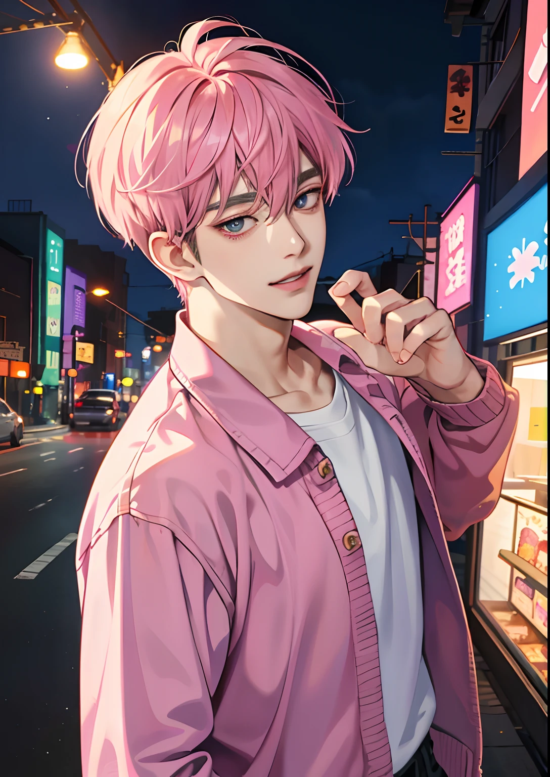 Night town, Guviz-style artwork, made with anime painter studio, Anime Realism Style, Realistic anime art style, painted in anime painter studio, Inspired by Kim Taehyung, In an anime style, anime handsome guy, Inspired by Kim Taehyung, anime realism、Pink hair、Shirts and knitwear、A smile