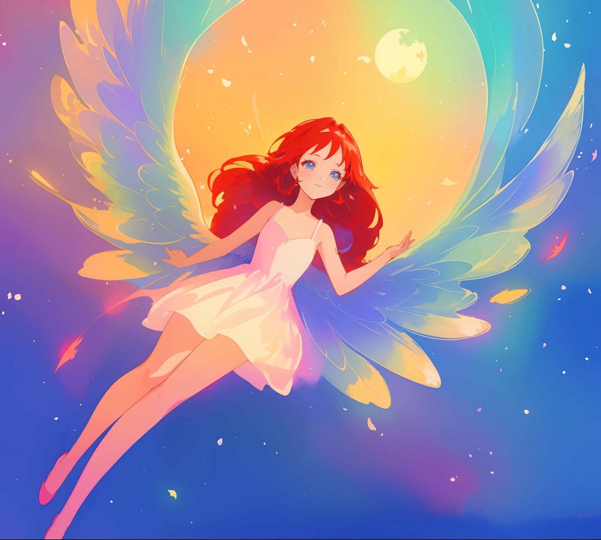 beautiful angel girl in white flowing dress, ((colorful angel wings)), vibrant pastel colors, long flowing red hair, colorful fantasia background, watercolor illustration, disney art style, beautiful digital illustration, beautiful, masterpiece, best quality, anime disney style, beautiful face