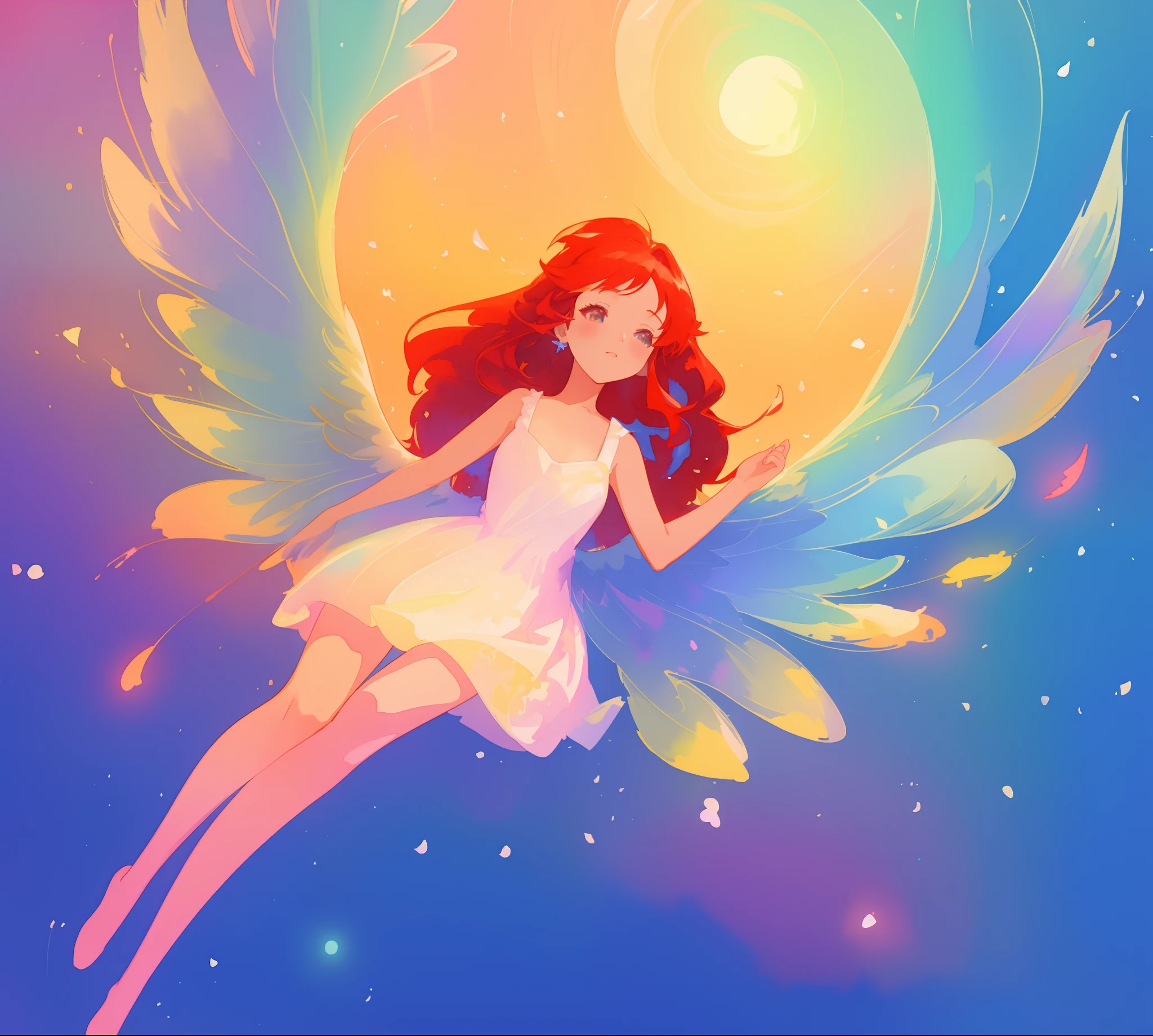 beautiful angel girl in white flowing dress, ((colorful angel wings)), vibrant pastel colors, long flowing red hair, colorful fantasia background, watercolor illustration, disney art style, beautiful digital illustration, beautiful, masterpiece, best quality, anime disney style, beautiful face