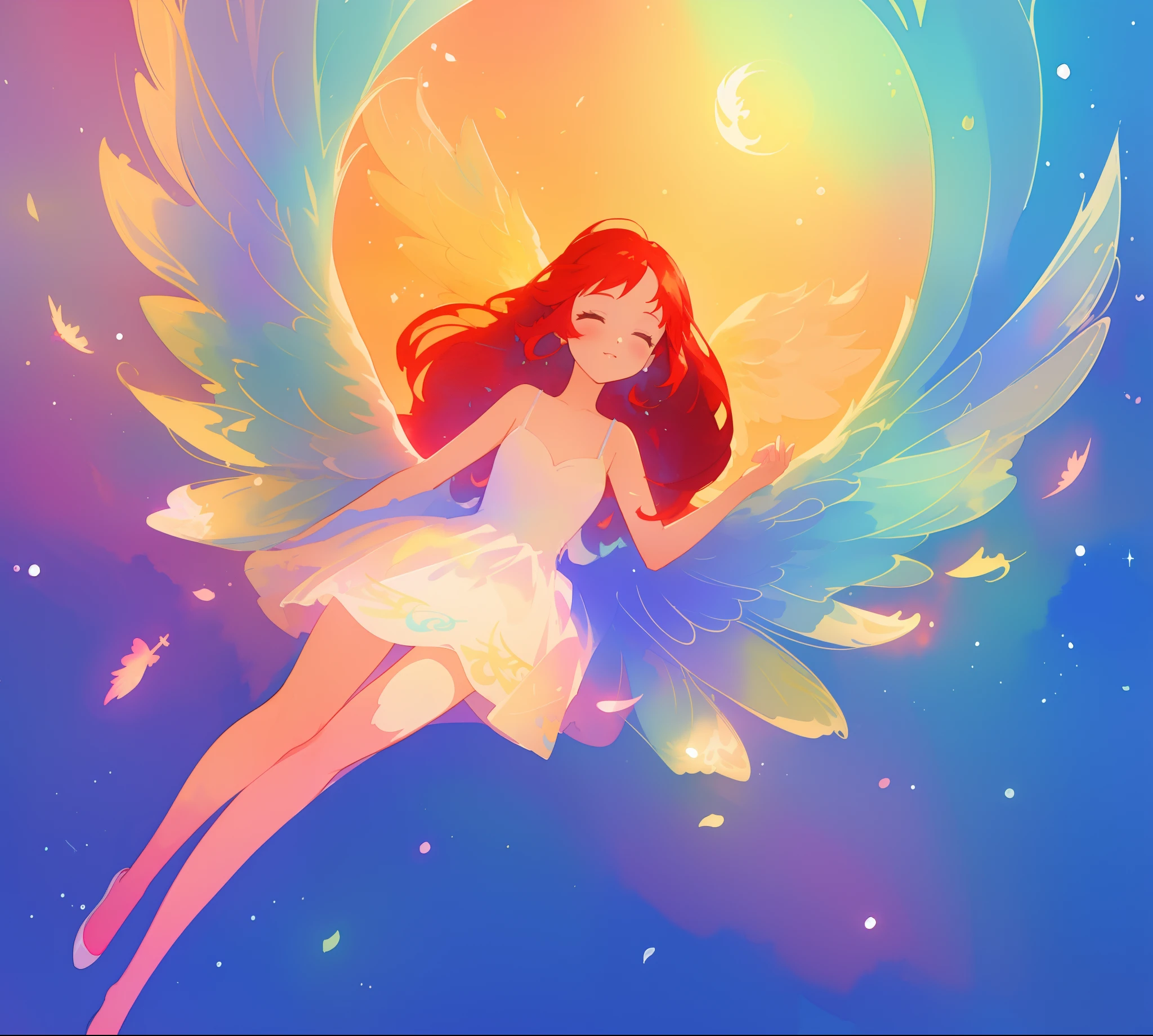 beautiful angel girl in white flowing dress, ((colorful angel wings)), vibrant pastel colors, long flowing red hair, colorful fantasia background, watercolor illustration, disney art style, beautiful digital illustration, beautiful, masterpiece, best quality, anime disney style, beautiful face