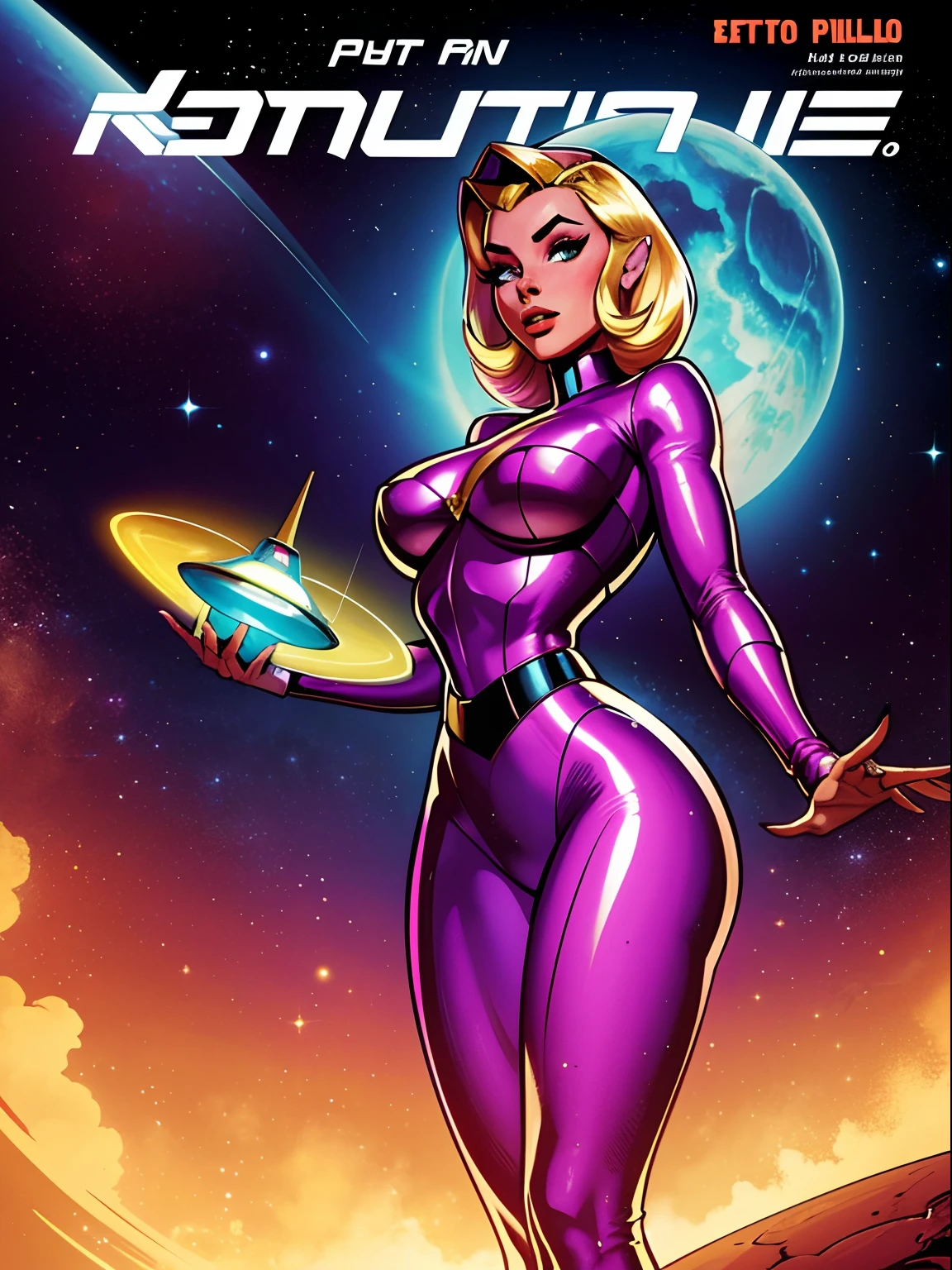 retrofuturism, 1950s pulp magazine cover style, a beautiful extraterrestrial woman coming out of a spaceship
