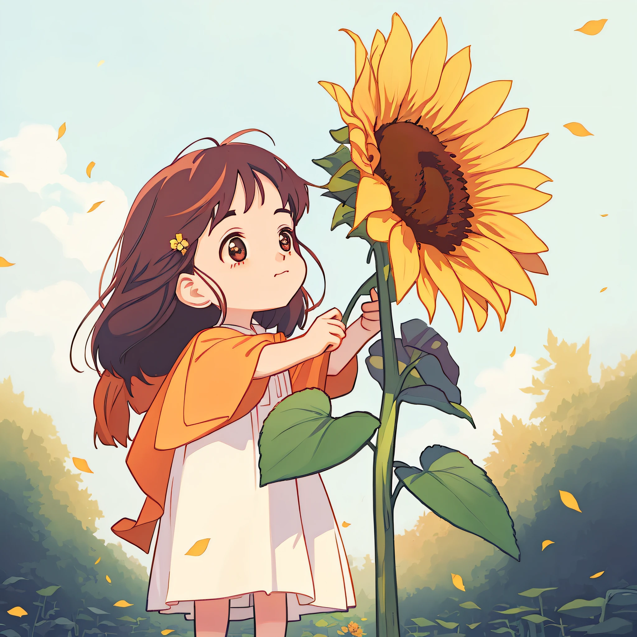 Sunflowers in hand，Anime girl holding sunflowers in her hands, beautiful sunflower anime girl, official fanart, offcial art, High-quality fanart, lovely art style, Cute anime, Detailed fanart, anime visual of a cute girl, 🍁 Cute, studio ghibli artstyle, picking up a flower, studio ghibli sunlight, atey ghailan 8 k, Anime Pictures