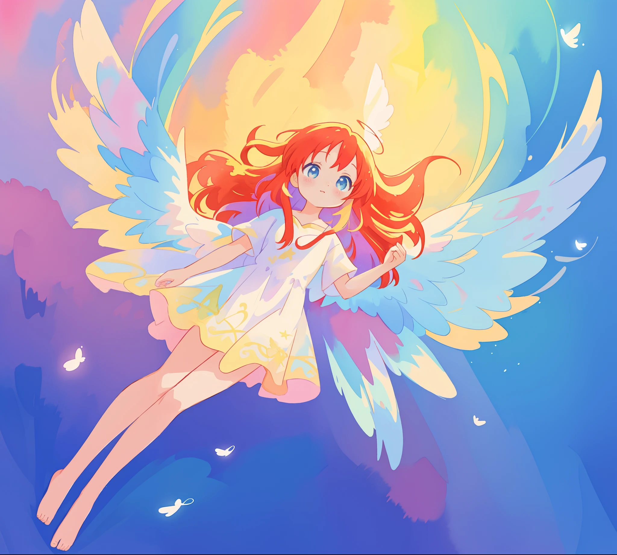 beautiful angel girl barefoot in shimmering puffy dress, ((colorful angel wings)), vibrant pastel colors, long flowing red hair, colorful fantasia background, watercolor illustration, disney art style, beautiful digital illustration, beautiful, masterpiece, best quality, anime disney style, beautiful face, ((rainbow angel feathers)), ((angel)), ((angel wings))